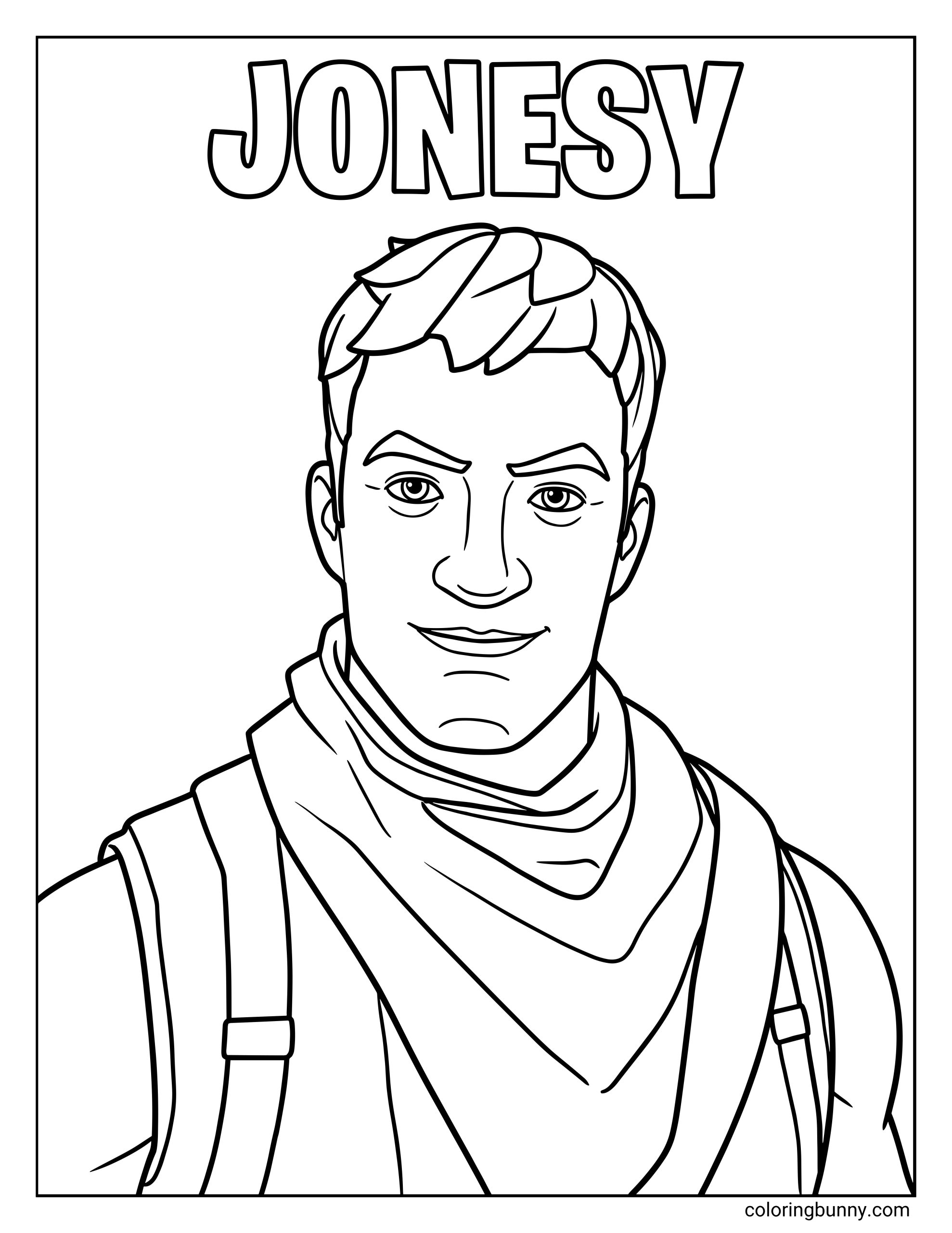 A coloring sheet showing a close-up portrait of Jonesy from Fortnite, wearing a scarf and backpack straps, with his name printed at the top.