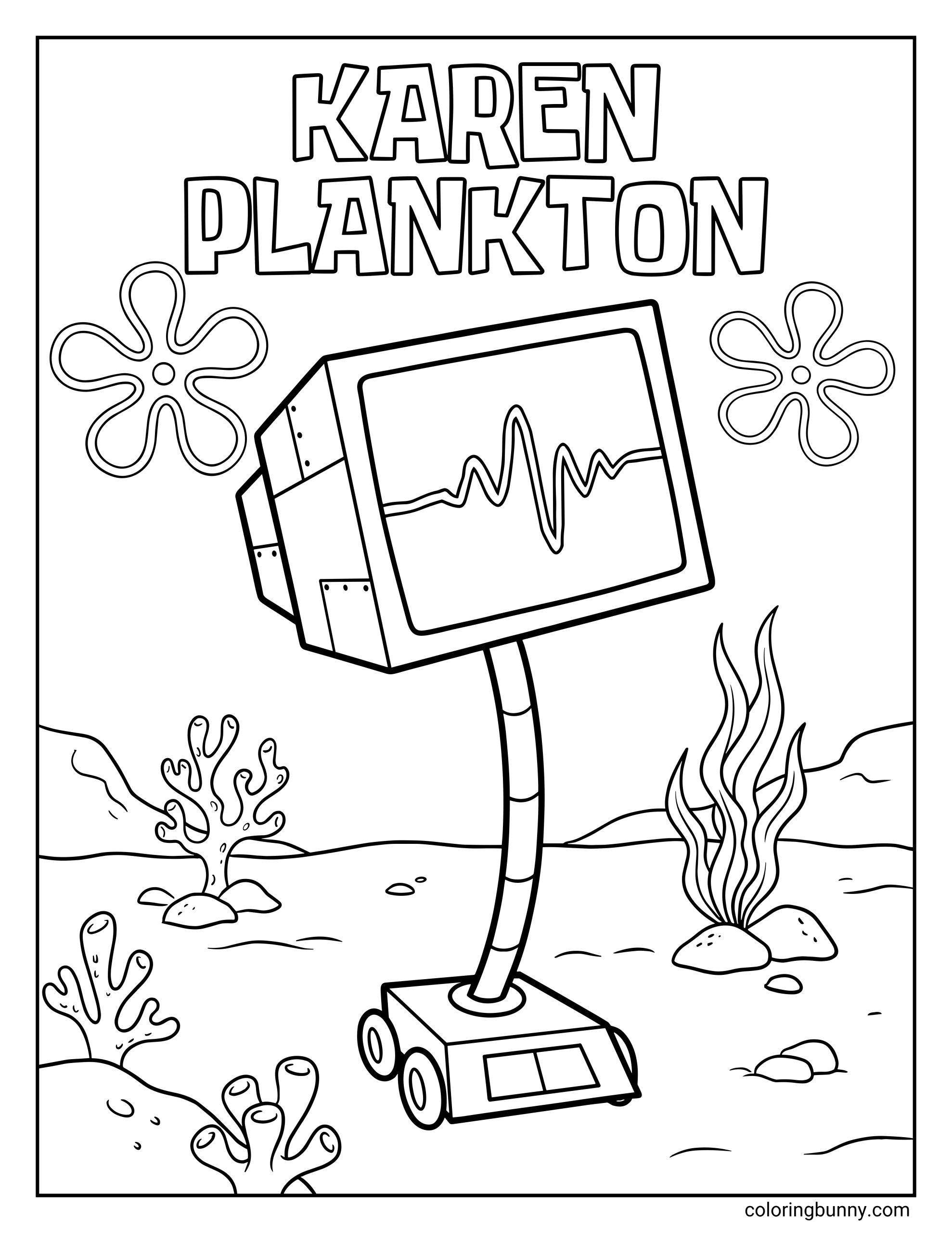 A coloring page of the Spongebob computer character Karen Plankton with a wavy line on her screen, standing among coral and flowers under the text "KAREN PLANKTON."