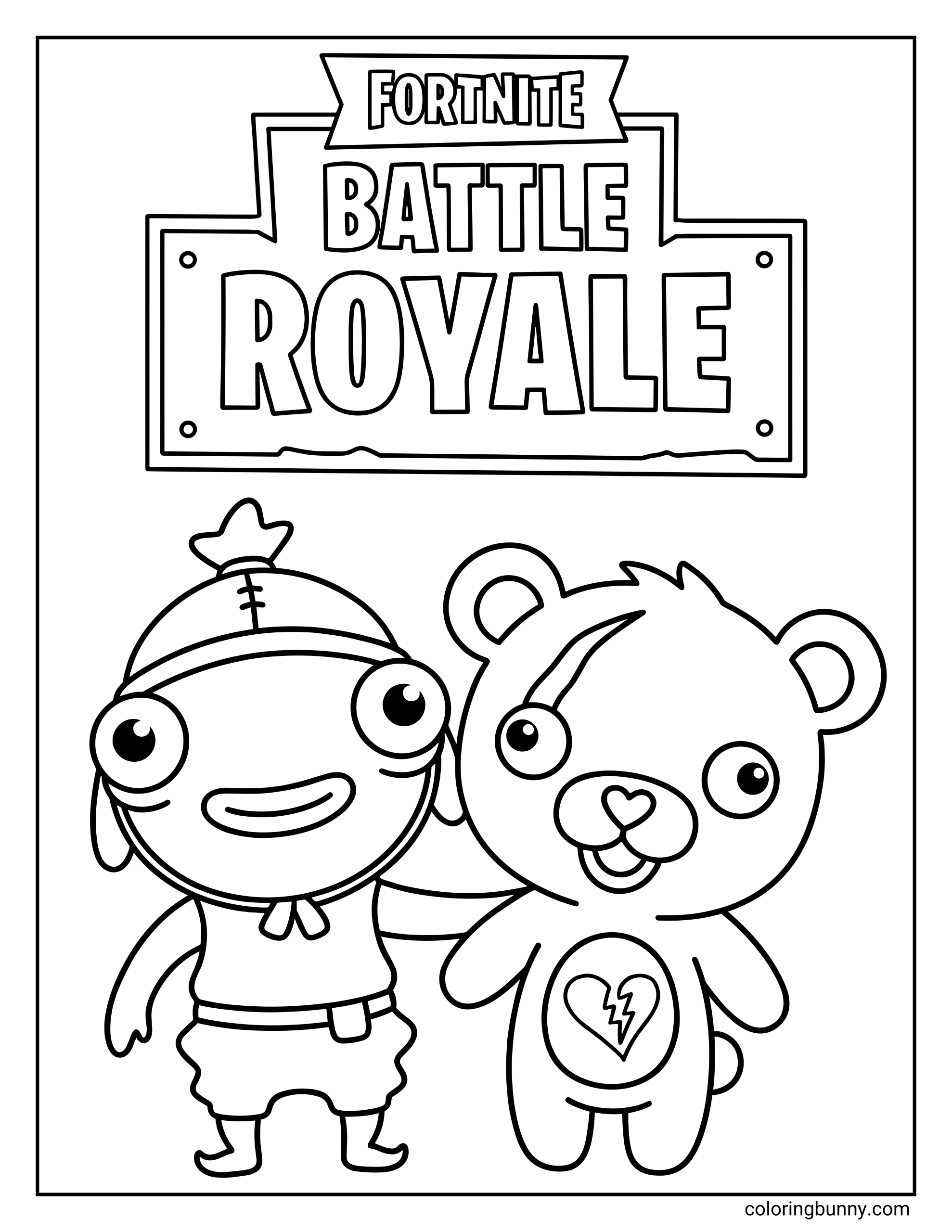A cute coloring sheet featuring chibi versions of Fishstick and Cuddle Team Leader standing together under the Fortnite Battle Royale logo.