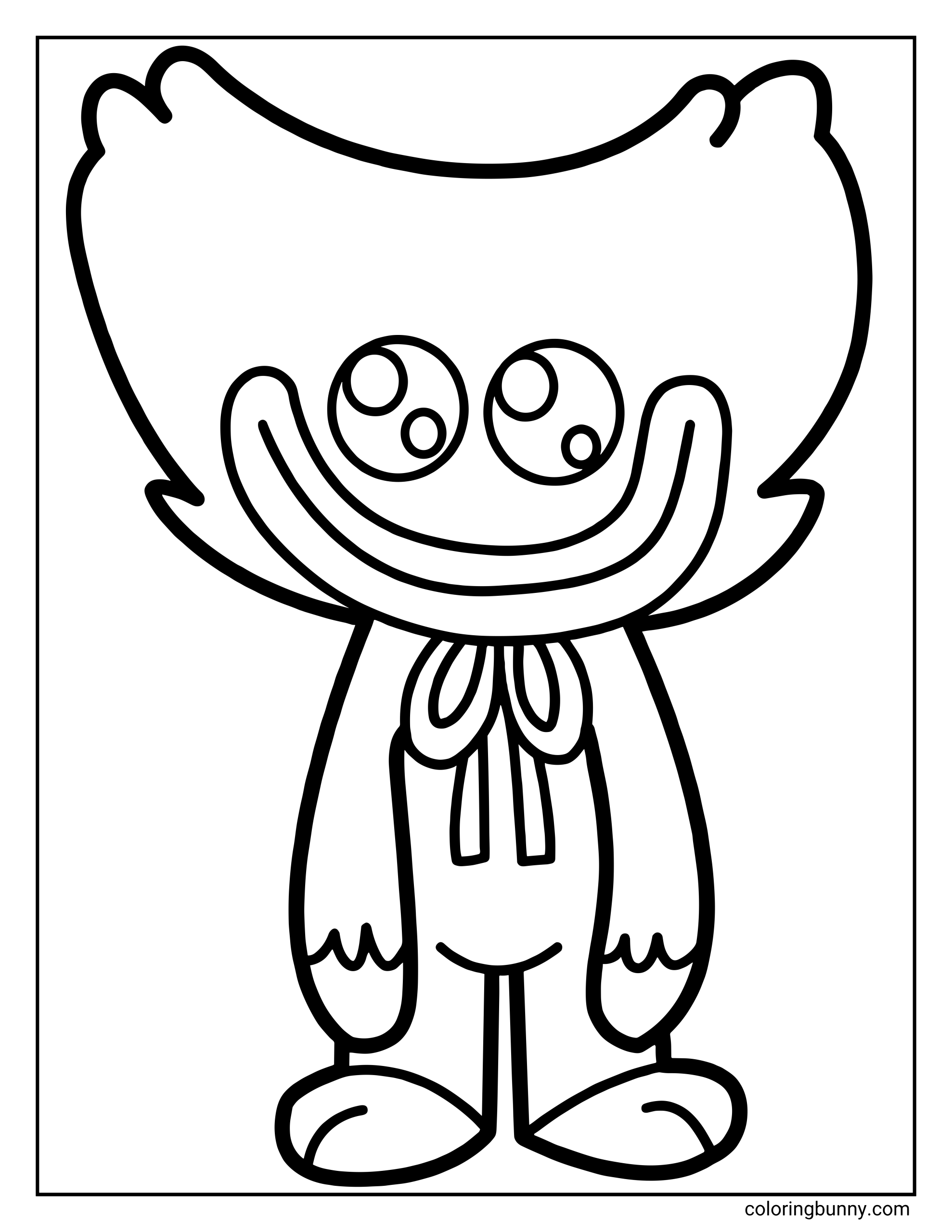 A cute black and white coloring page of Huggy Wuggy from Poppy Playtime drawn in a kawaii style, featuring a large rounded head, big shiny eyes, and an oversized smiling mouth. The character stands simply with small feet and a bow tie, designed as a clean, easy coloring sheet for kids.