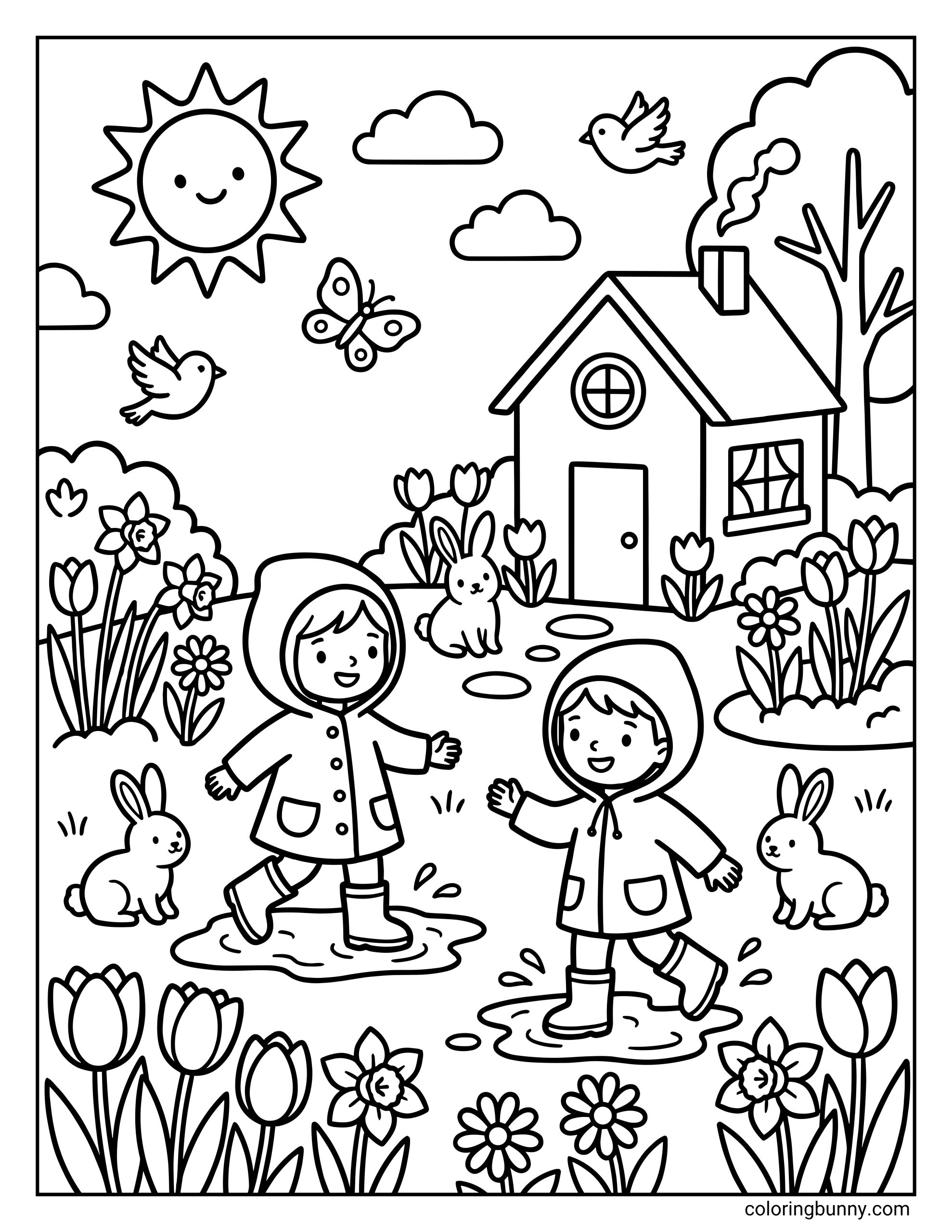 A cute Spring coloring page featuring two children in raincoats and boots jumping in puddles, surrounded by rabbits, flowers, a house, and a smiling sun.