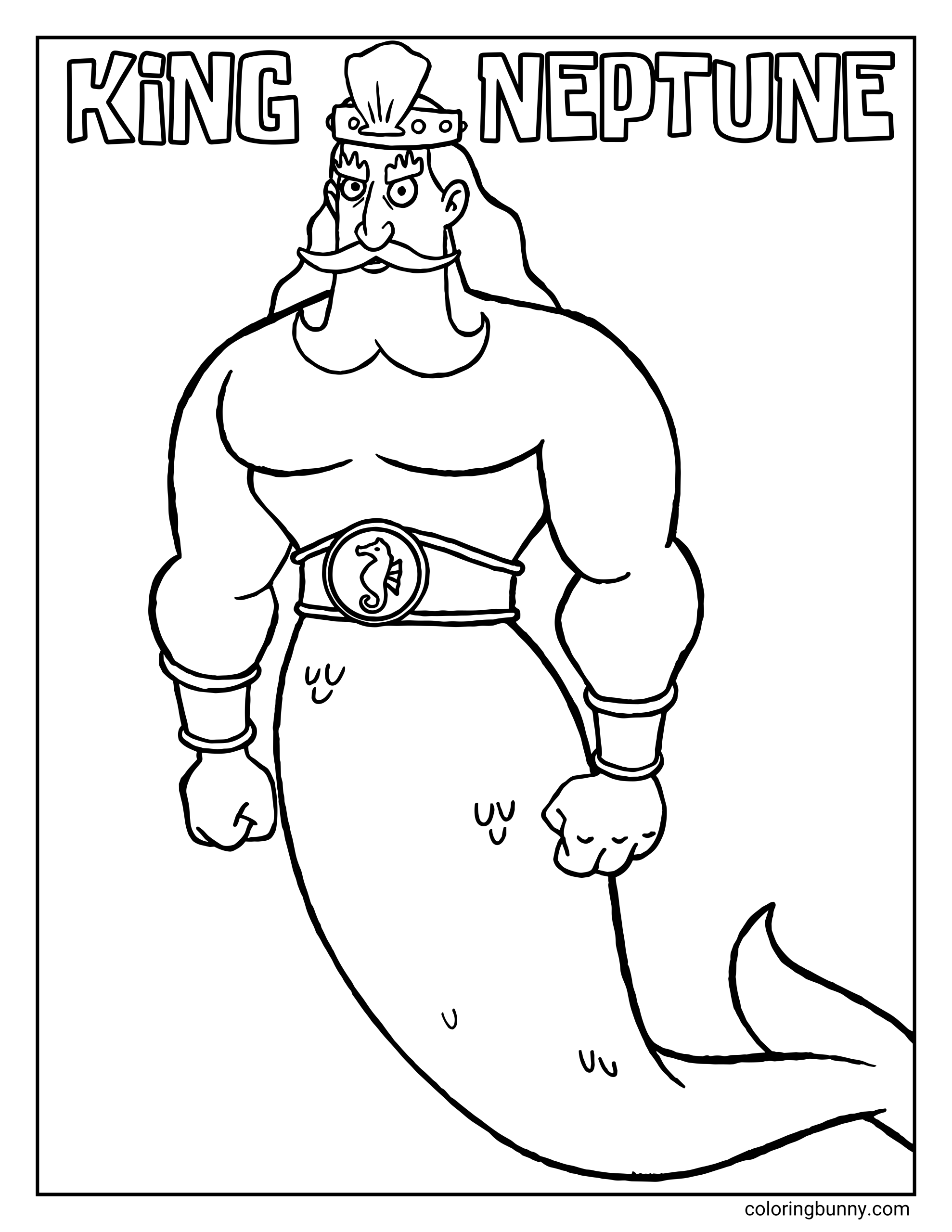 A simple outline coloring page of the Spongebob character King Neptune posing with a serious expression, wearing a crown and a belt with a seahorse on it under the text "KING NEPTUNE."