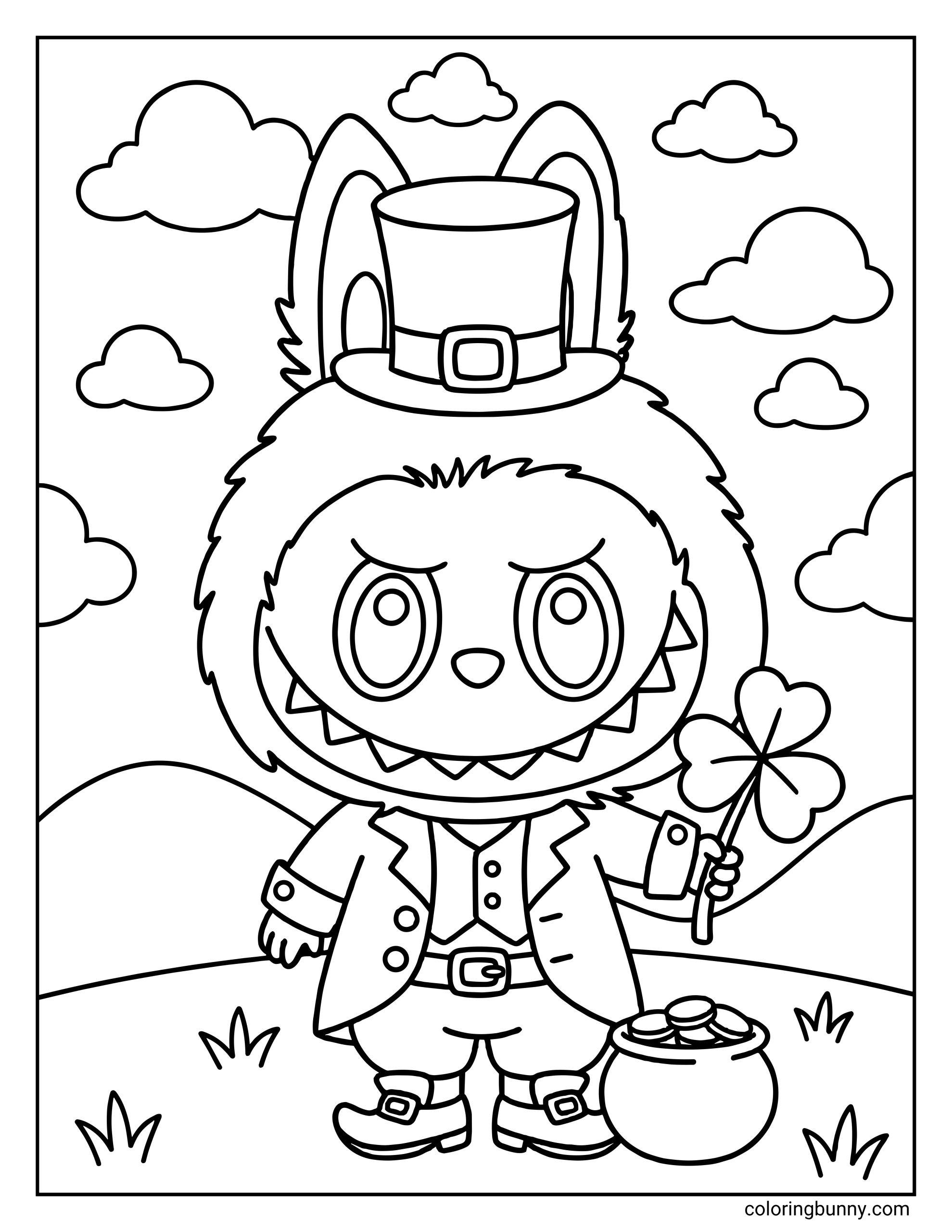 Leprechaun Labubu St. Patrick's Day coloring page featuring the smiling character wearing a buckled hat and suit while holding a large shamrock. A pot overflowing with gold coins sits beside him in the grass under fluffy clouds.