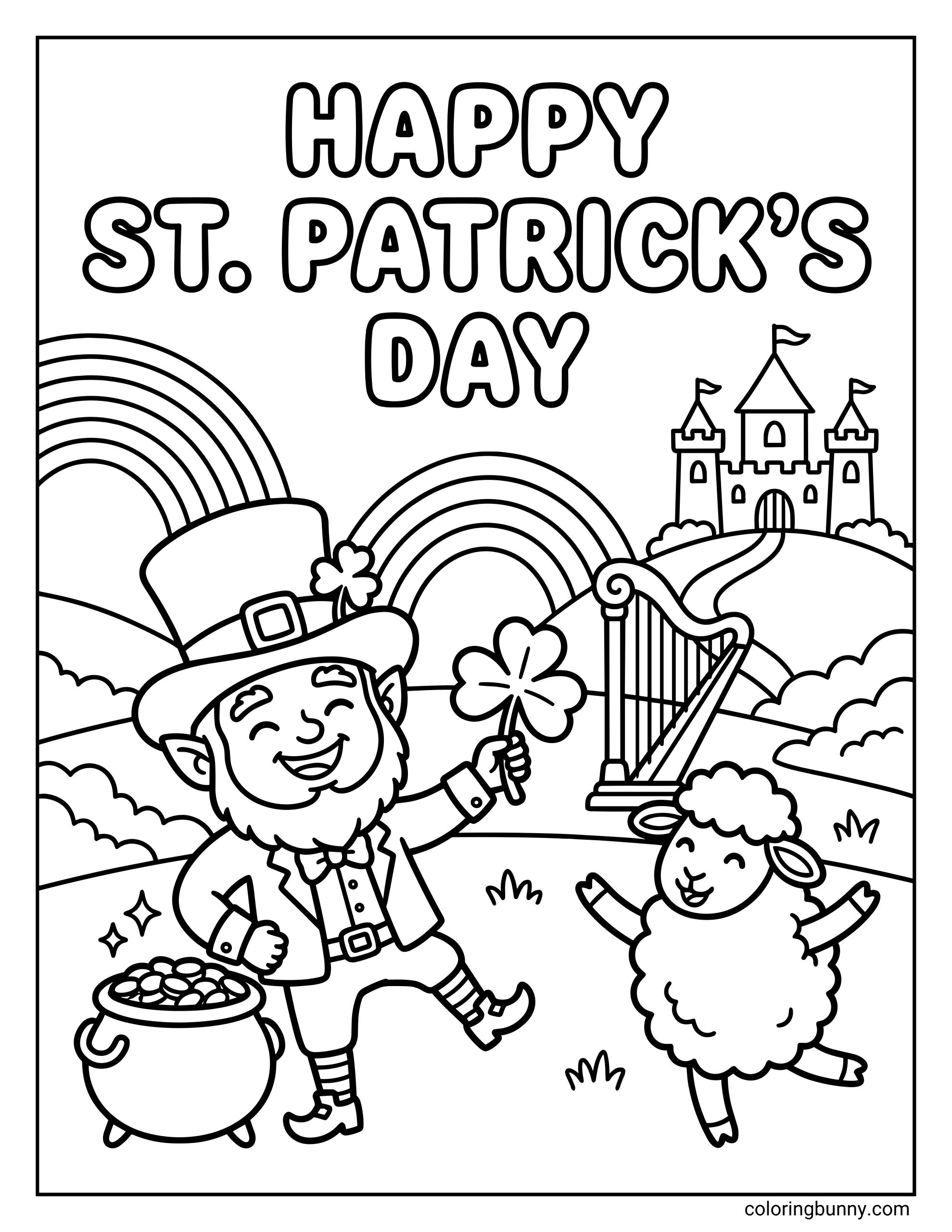 A fun Saint Patrick's Day coloring page of a cheerful leprechaun dancing beside a happy sheep near a pot of gold, with rolling hills, bright rainbows, a magical harp, and a small castle in the background