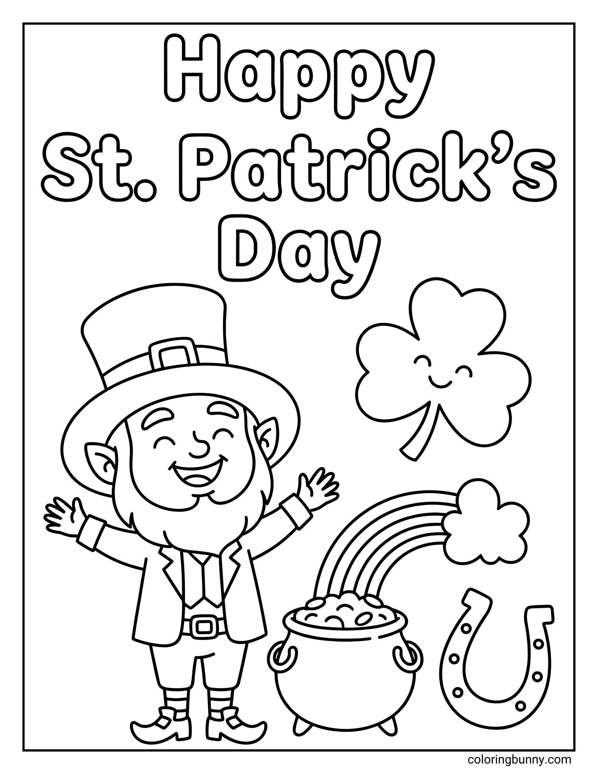 A kids coloring page of a happy leprechaun celebrating St. Patrick's Day, an engaging printable activity for girls and boys featuring a smiling clover, horseshoe, and a magical pot of gold.