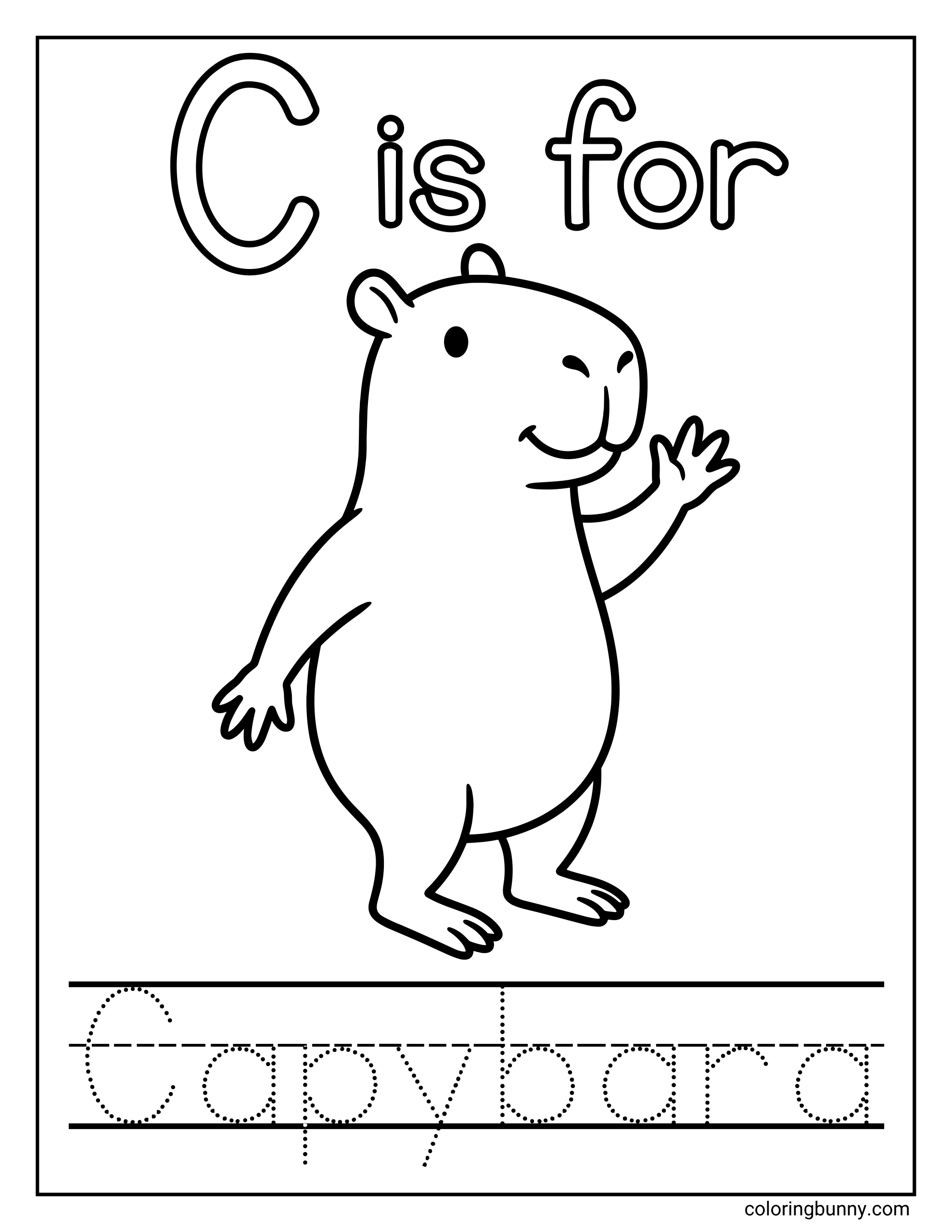 A Letter C coloring page featuring a smiling capybara waving, with the text “C is for,” and a dotted tracing word “Capybara” at the bottom, designed for early letter learning and handwriting practice.