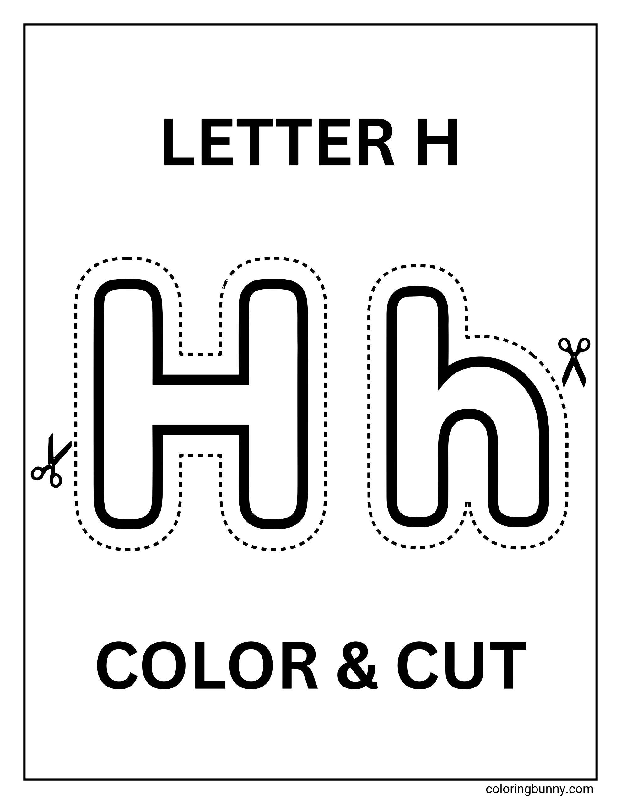 A Letter H color-and-cut activity page featuring large uppercase and lowercase H shapes outlined with dotted cutting guides.