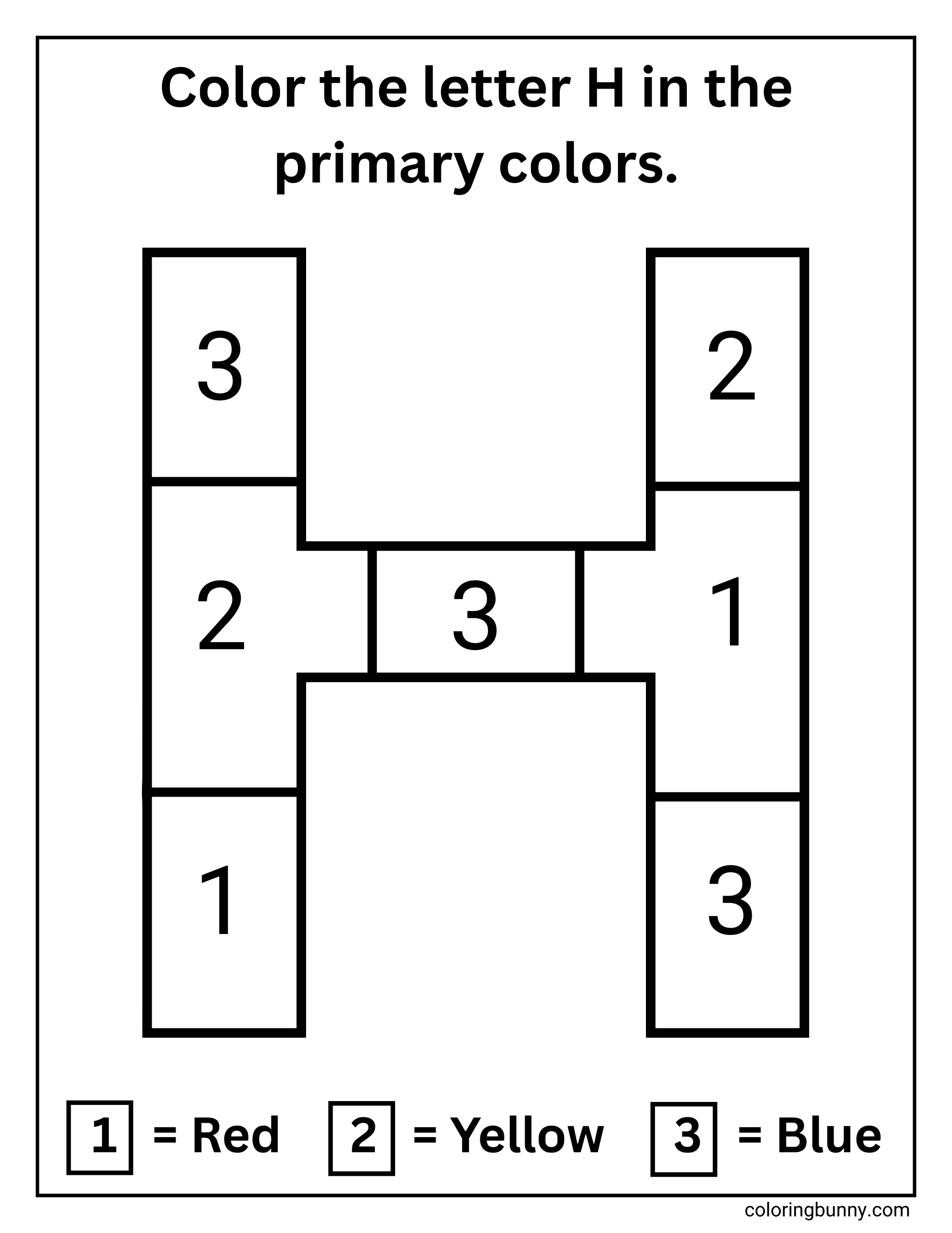 A Letter H color-by-number coloring page featuring a large uppercase H divided into numbered sections. At the top, instructions read “Color the letter H in the primary colors.” Each section of the H is labeled with numbers 1, 2, or 3, guiding children to color using the key at the bottom: 1 = red, 2 = yellow, and 3 = blue. The bold outlines and simple layout support color recognition, number matching, and early letter learning.