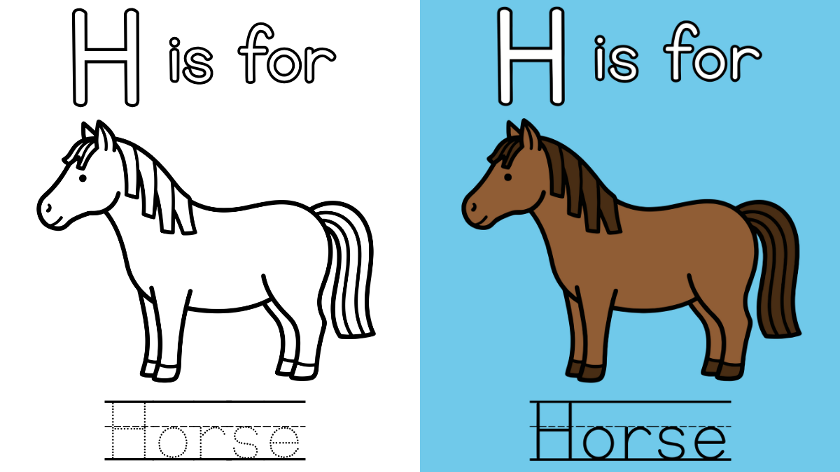 Letter H Coloring Pages with H is for Horse, with traced word.