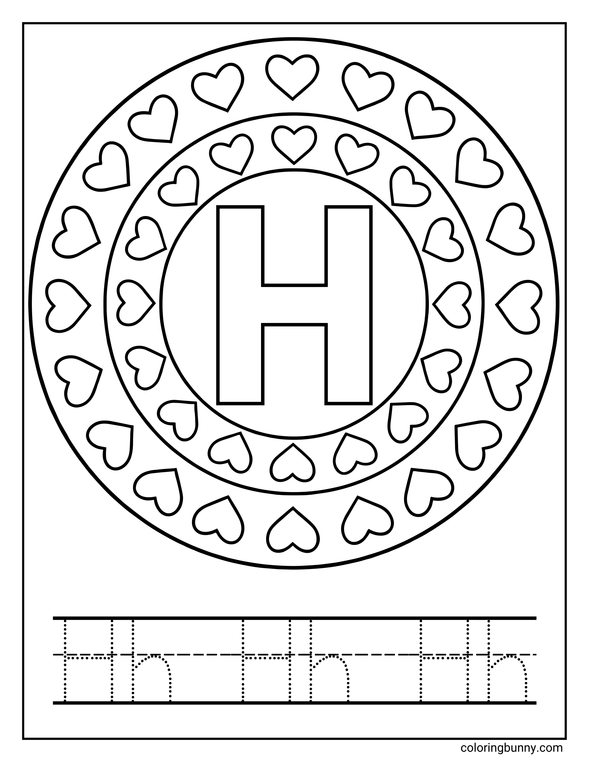A Letter H coloring page featuring a large uppercase H centered inside a circular heart-themed mandala. The design includes repeating heart shapes arranged in neat rings around the letter, creating a calm and decorative pattern that’s easy to color. At the bottom, dotted tracing lines spell out the letters Hh to support letter recognition and early handwriting practice.