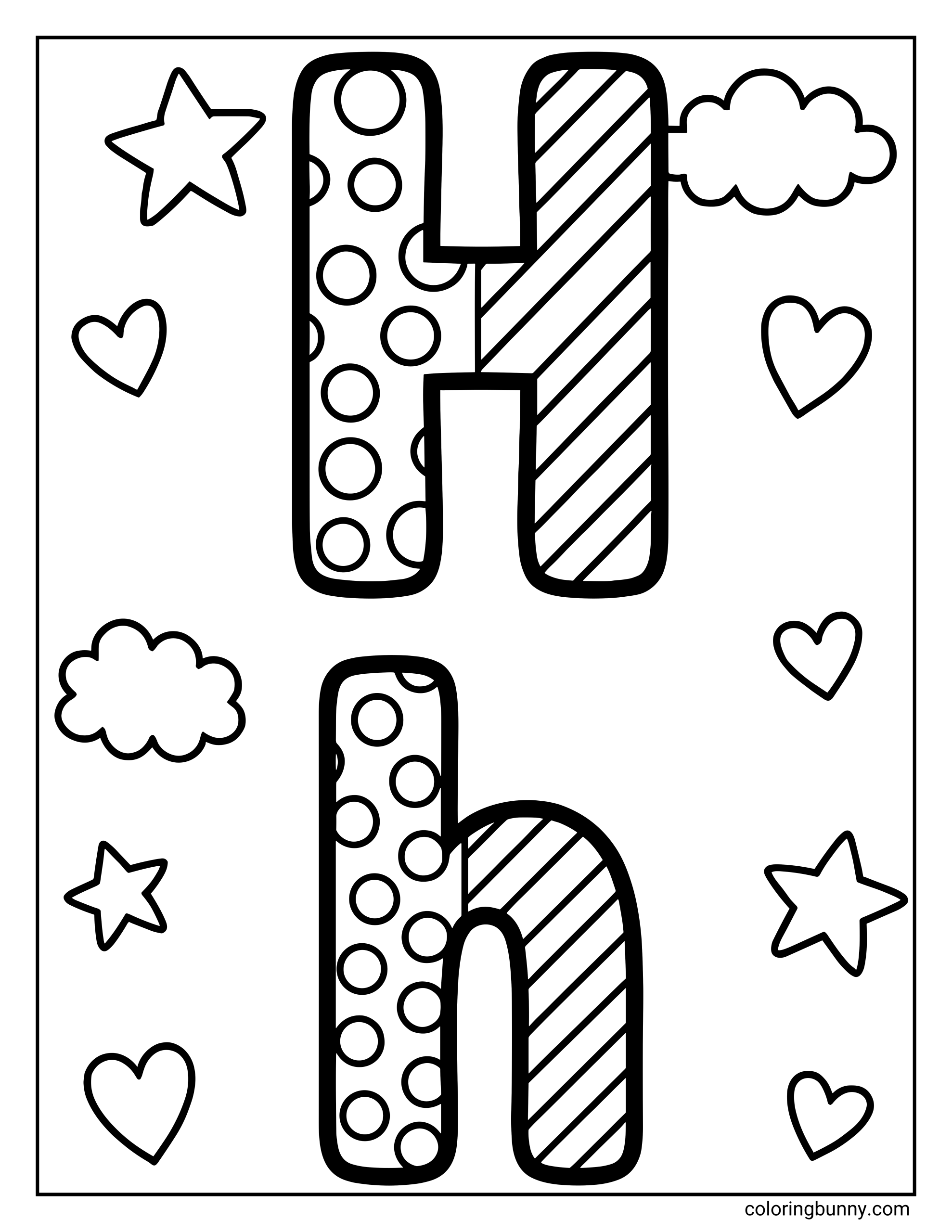 A Letter H coloring page featuring a large patterned uppercase H and lowercase h displayed together in the center. The letters are decorated with playful dots and stripes, surrounded by simple shapes like hearts, stars, and clouds to add visual interest. The bold outlines and repeating patterns make the page easy to color while supporting letter recognition.