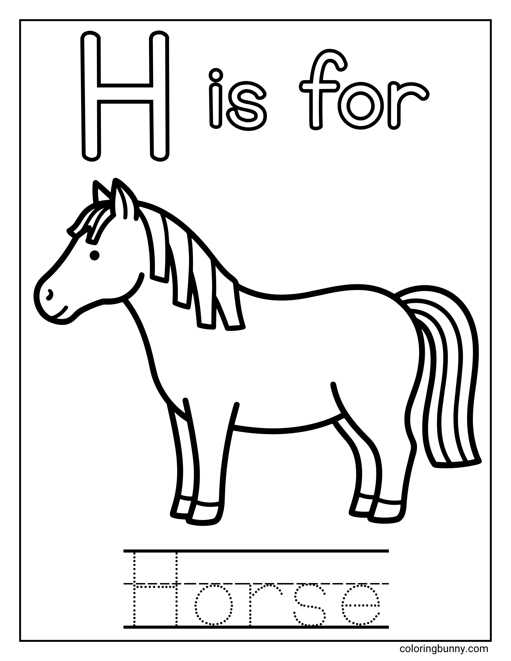 A Letter H coloring page featuring a large uppercase H with the words “H is for” at the top and a friendly horse standing in the center. The horse is illustrated with bold, simple outlines and gentle features, making it easy to color. At the bottom, dotted tracing lines spell out the word “Horse” to support letter recognition and early handwriting practice.
