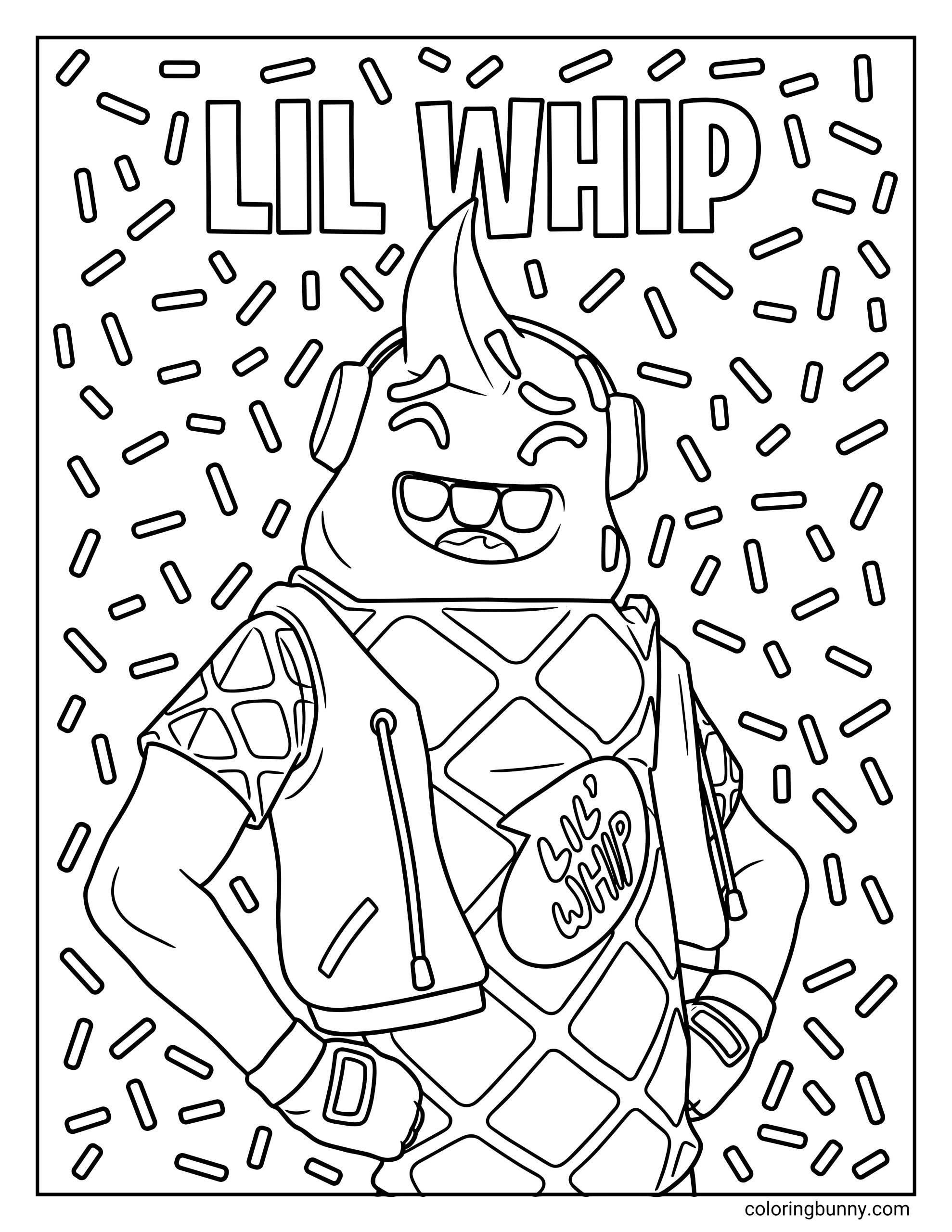 A Fortnite coloring of the character Lil Whip smiling with hands on his hips, while sprinkles fall all around him.
