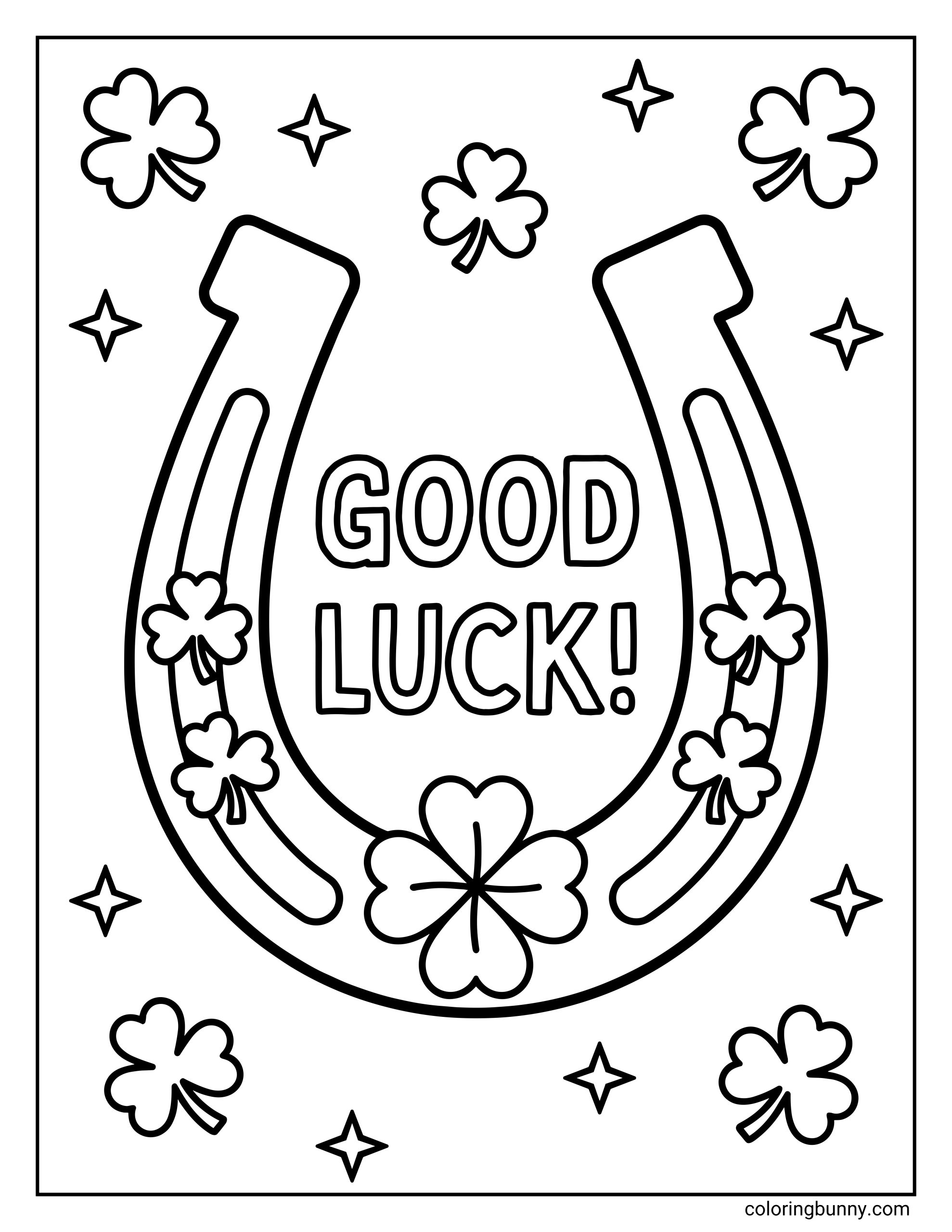 A St Patrick’s Day coloring page of a large horseshoe filled with shamrocks and the words Good Luck surrounded by small clovers and twinkling star shapes in a bold black and white outline style.
