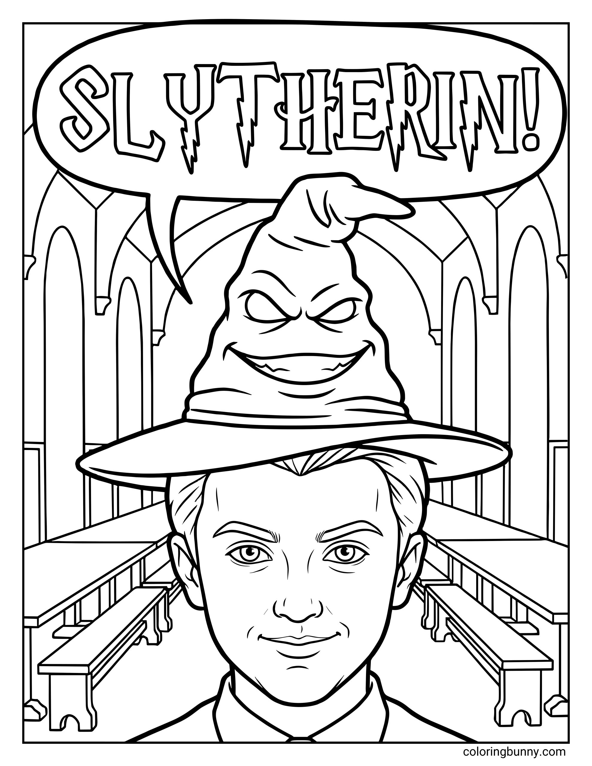 A Malfoy Sorting Hat coloring page featuring the young wizard wearing the magical Sorting Hat while sitting in a large hall with long benches. The hat has a face and speaks the word “Slytherin!” in a speech bubble above. Tall windows and the grand hall interior appear in the background.