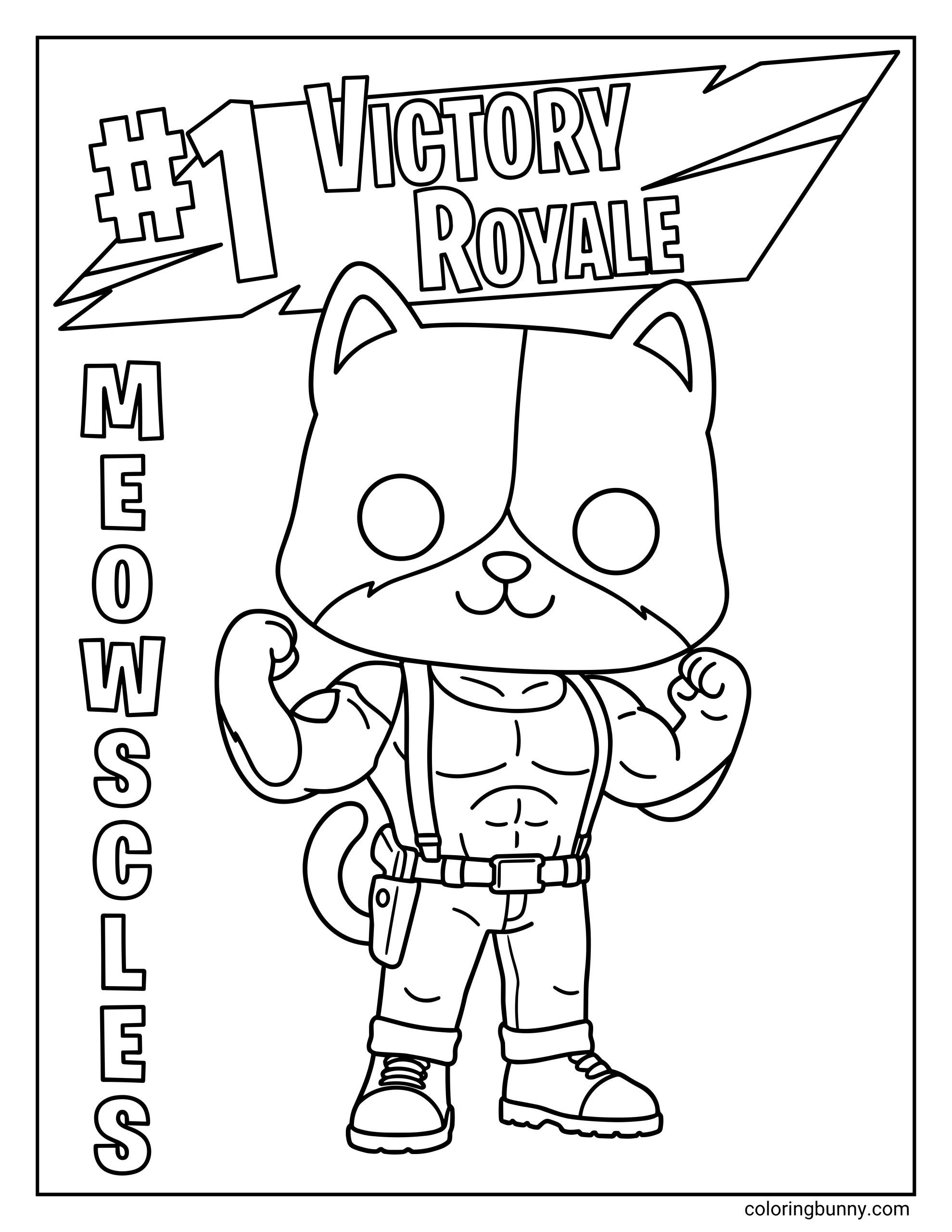 A cute Fortnite coloring page of a chibi Meowscles flexing his muscles under a banner that says "#1 VICTORY ROYALE."
