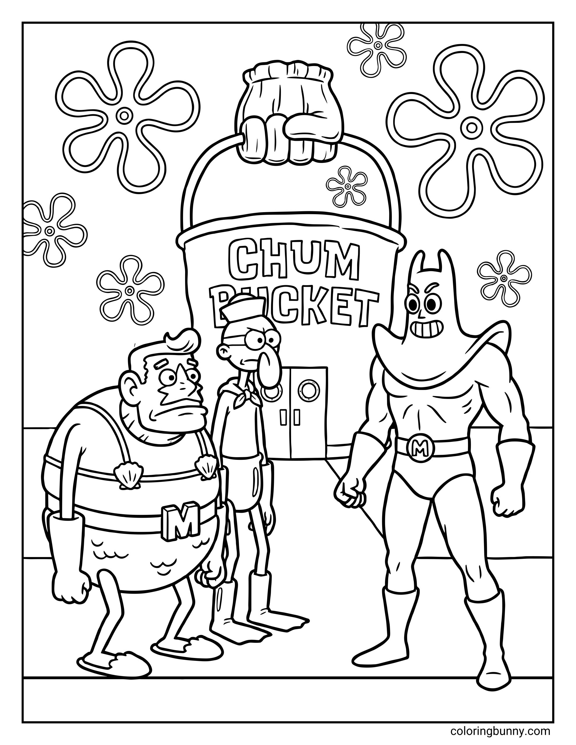 A SpongeBob coloring page of superheroes Mermaid Man and Barnacle Boy standing opposite the villain Man Ray in front of the Chum Bucket restaurant.