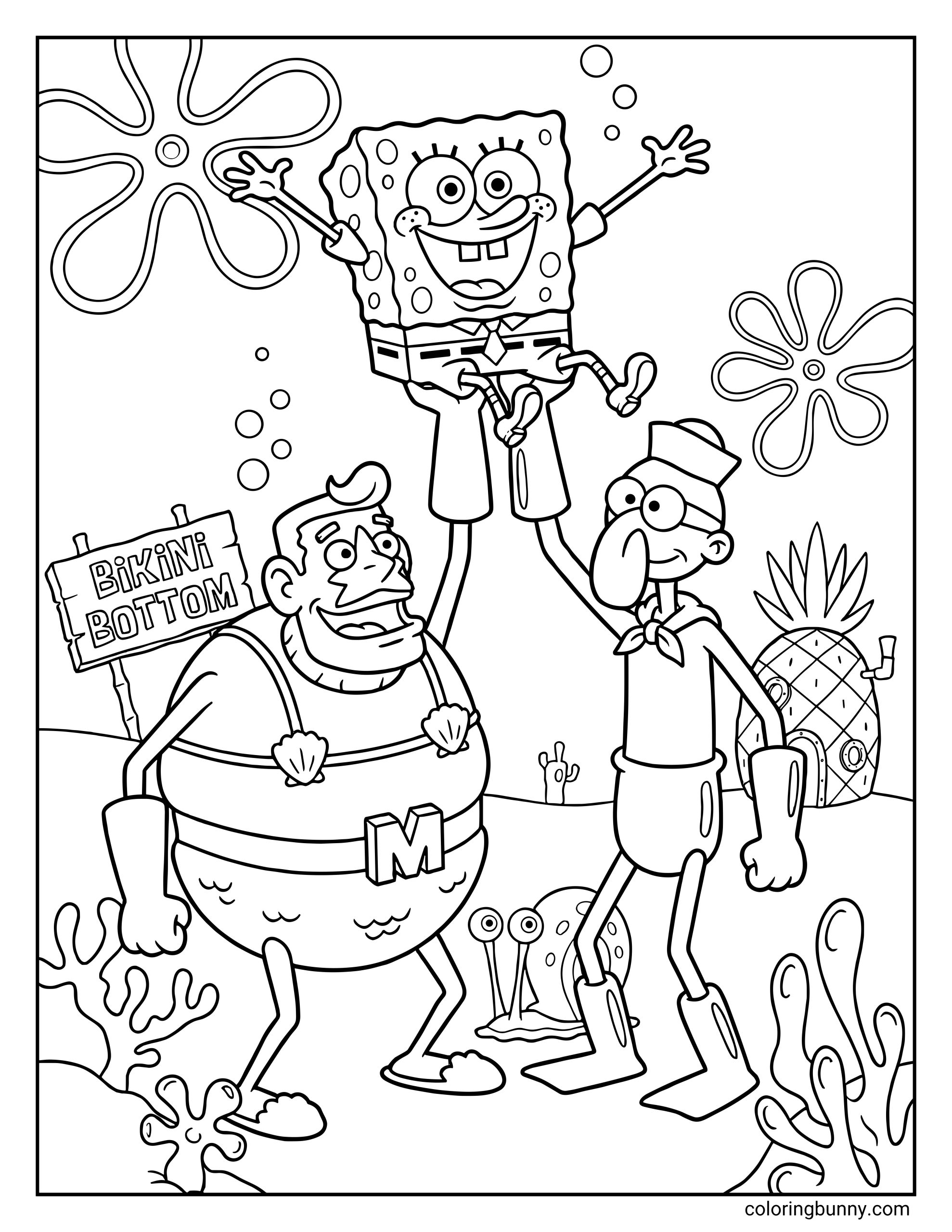 A Funny SpongeBob SquarePants coloring page showing superheroes Mermaid Man and Barnacle Boy lifting a cheering SpongeBob SquarePants into the air. The background features the "Bikini Bottom" sign, Gary the Snail, and SpongeBob's pineapple house.