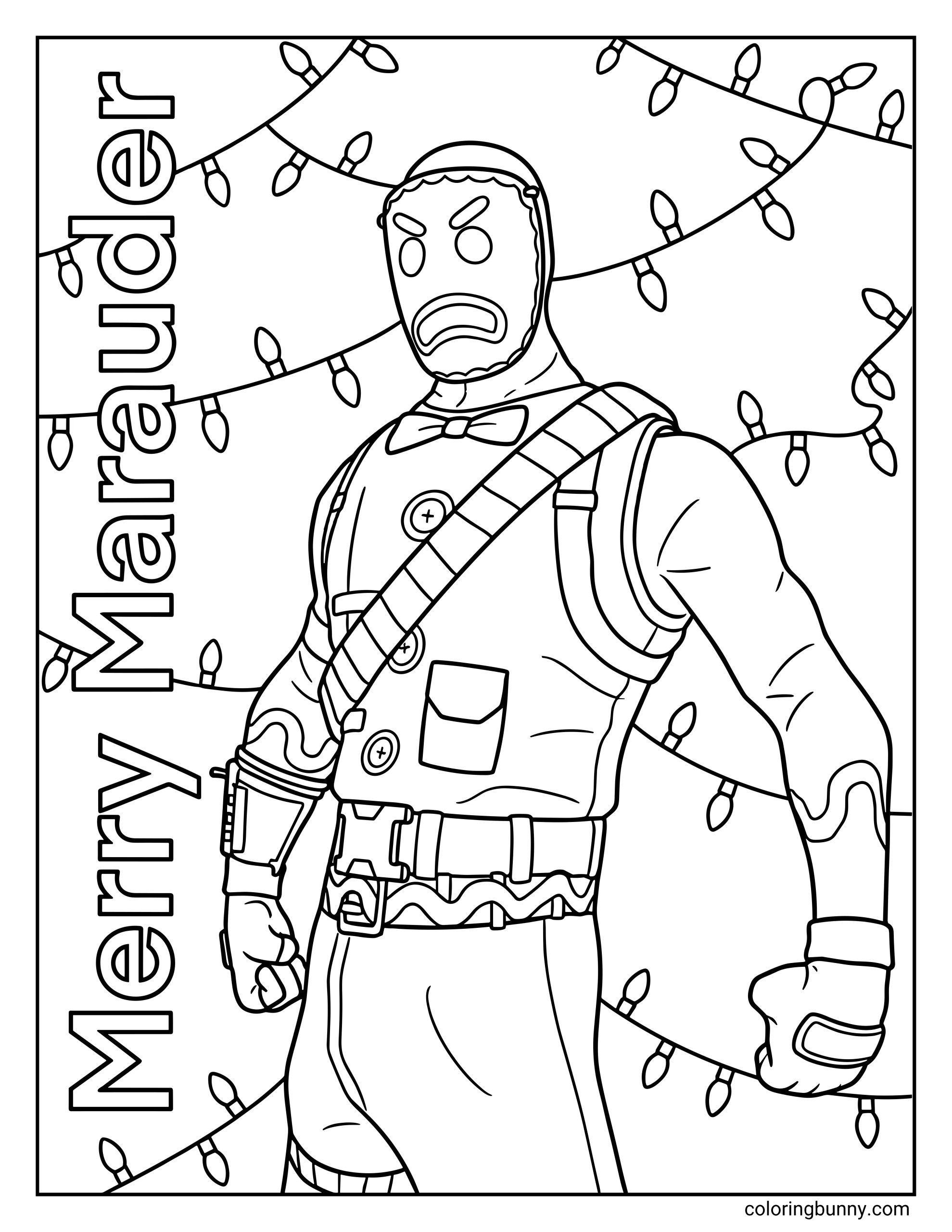 A Fortnite coloring page of Merry Marauder standing in front of strung Christmas lights next to his name.
