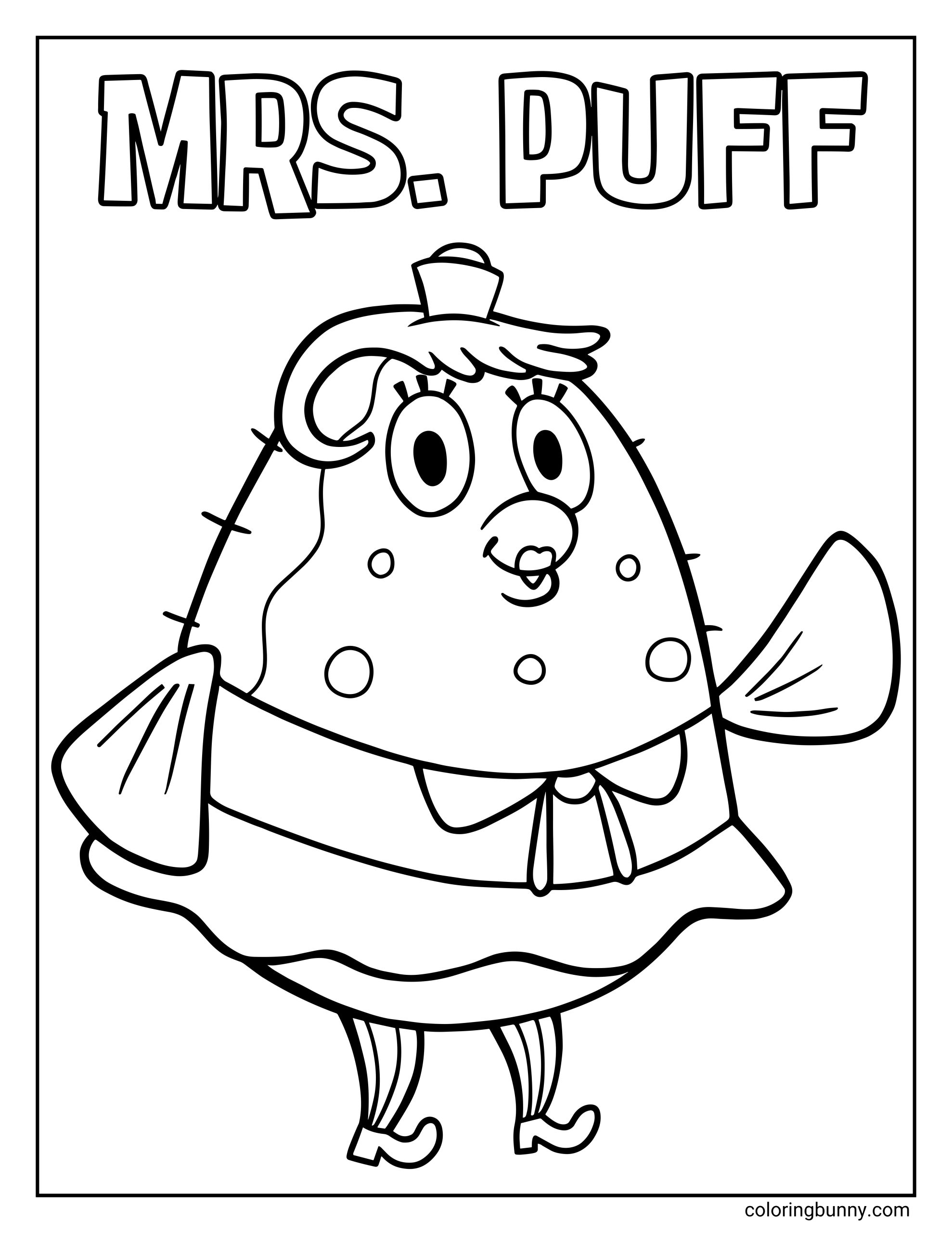 A simple outline coloring page of the Spongebob character Mrs. Puff smiling and waving under the text "MRS. PUFF."