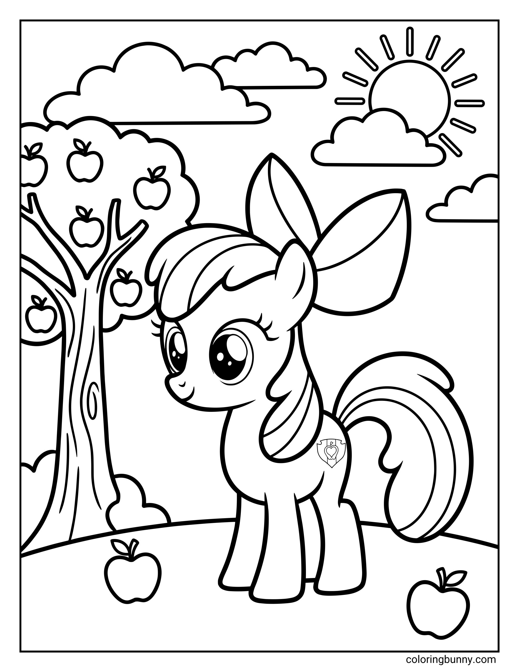 A coloring page of the small pony Apple Bloom from My Little Pony wearing a large bow, standing near a tree full of apples under a sunny sky.