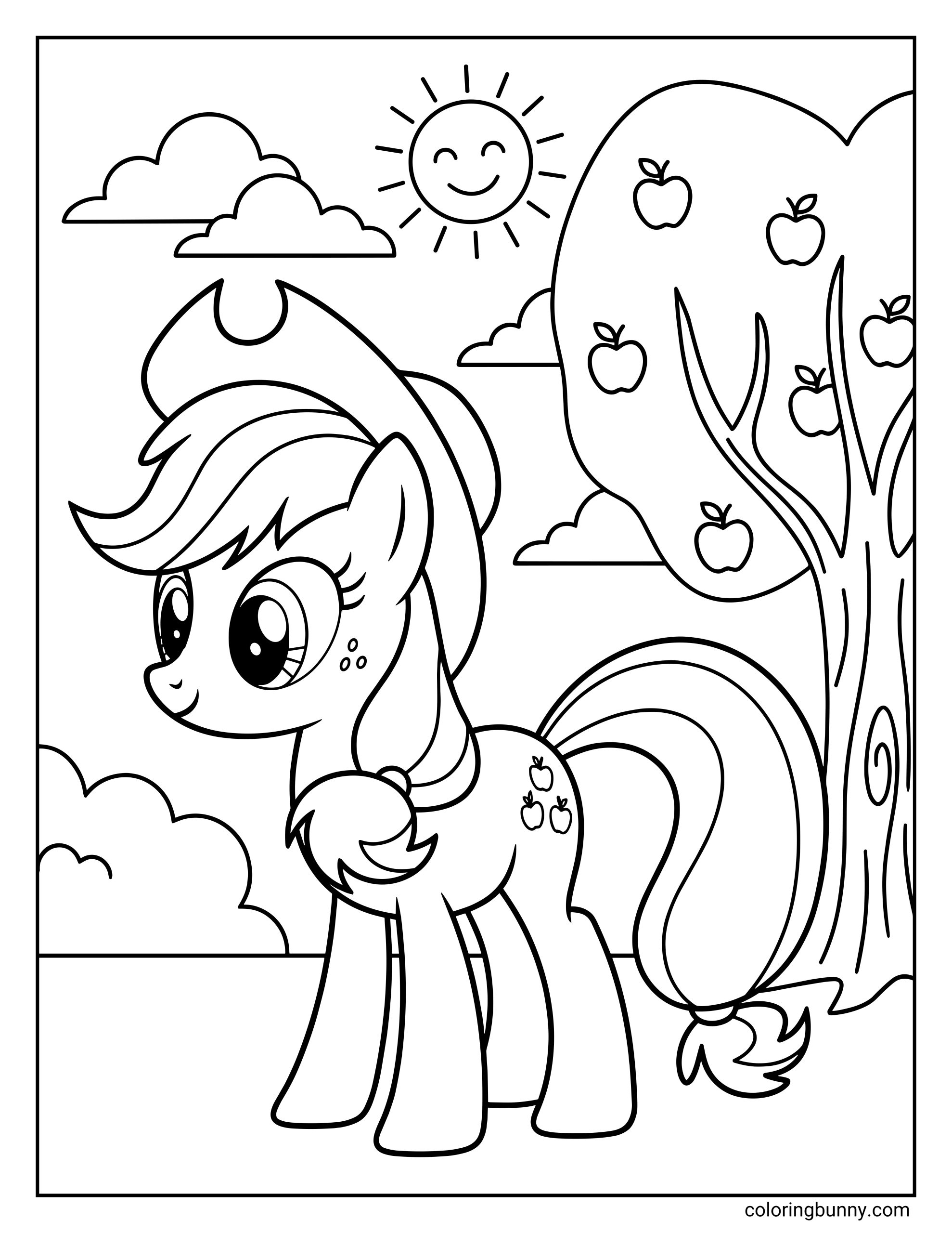 A My Little Pony coloring page of the earth pony Applejack wearing a cowboy hat standing next to an apple tree under a smiling sun.