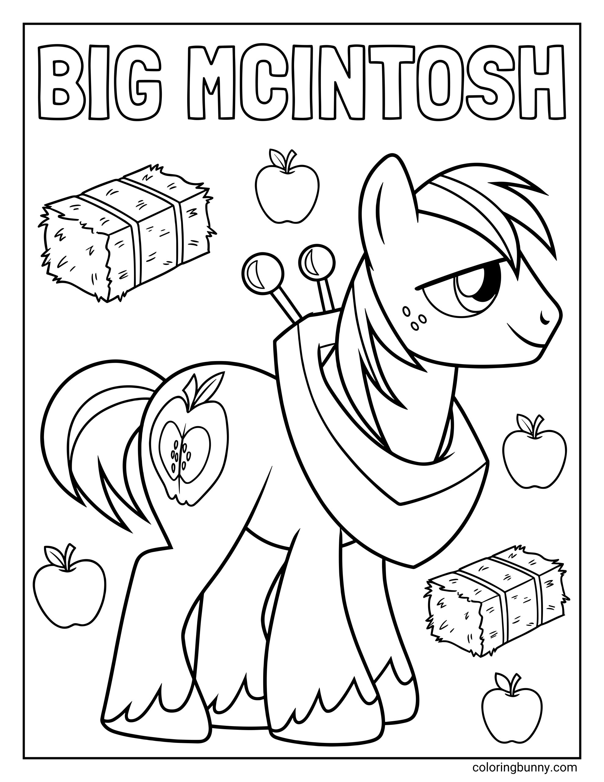 A My Little Pony coloring page of the stallion Big McIntosh wearing a work collar, surrounded by hay bales and apples.