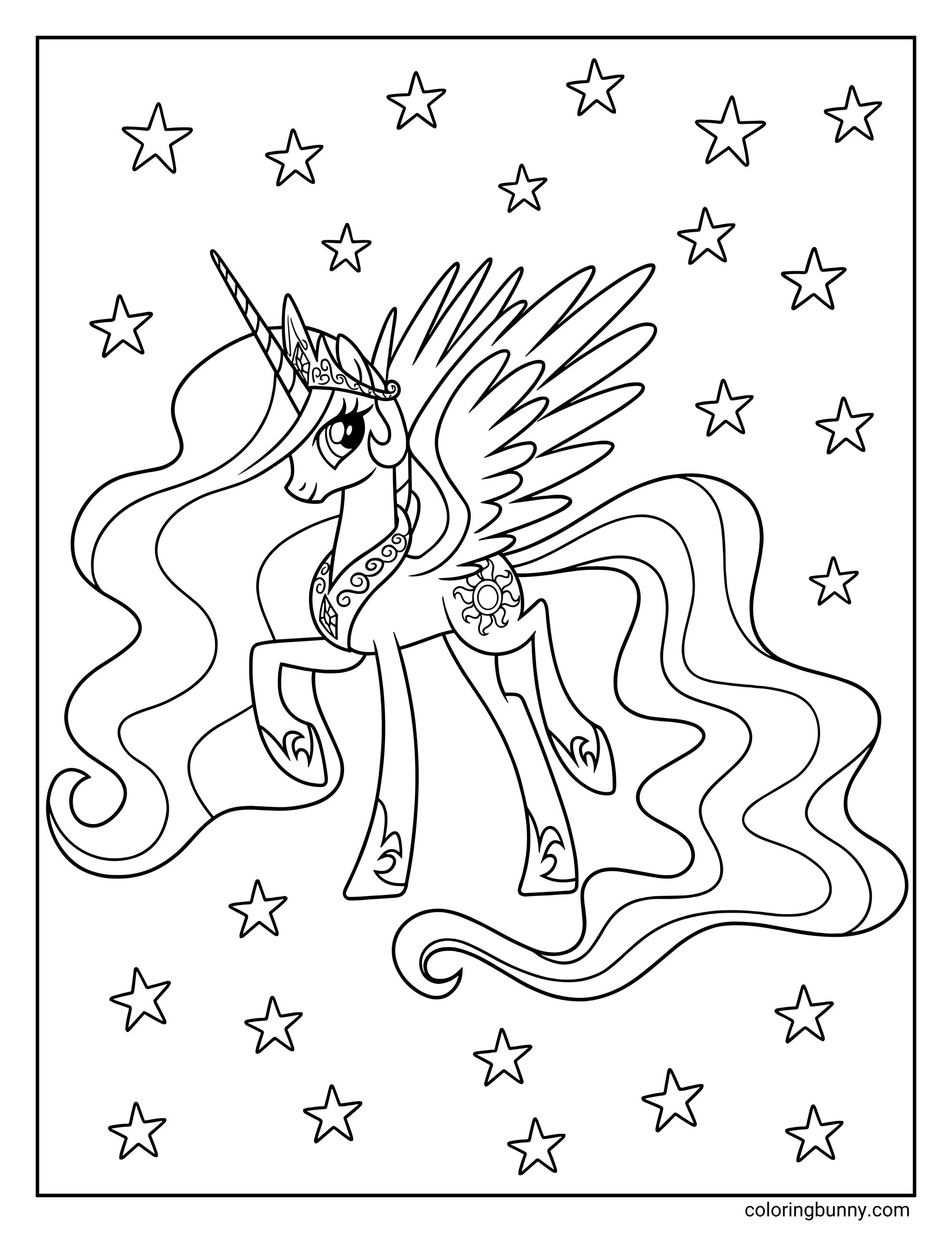 A My Little Pony coloring page of Princess Celestia flying among twinkling stars. She wears her royal crown and necklace, showing off her sun cutie mark on her flank.
