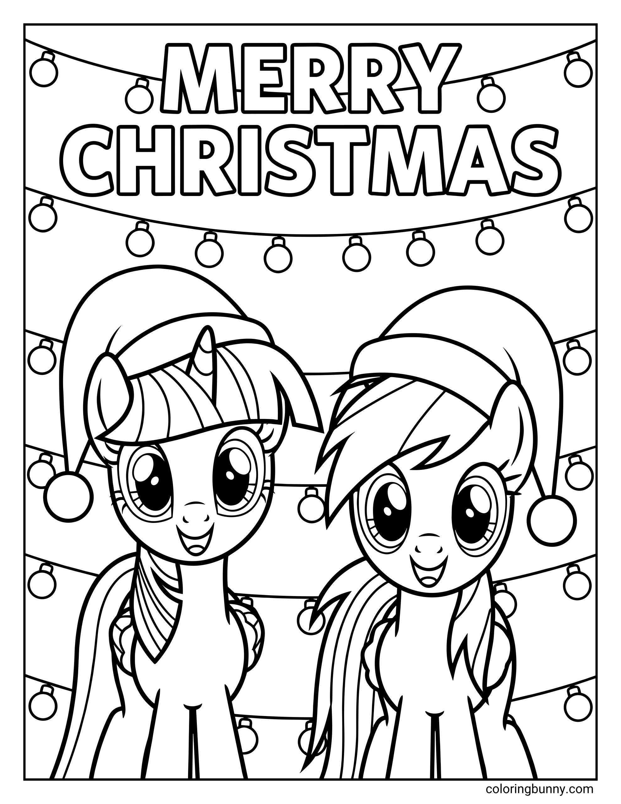 My Little Pony Christmas coloring page featuring Twilight Sparkle and Rainbow Dash smiling in Santa hats beneath a Merry Christmas banner with festive lights