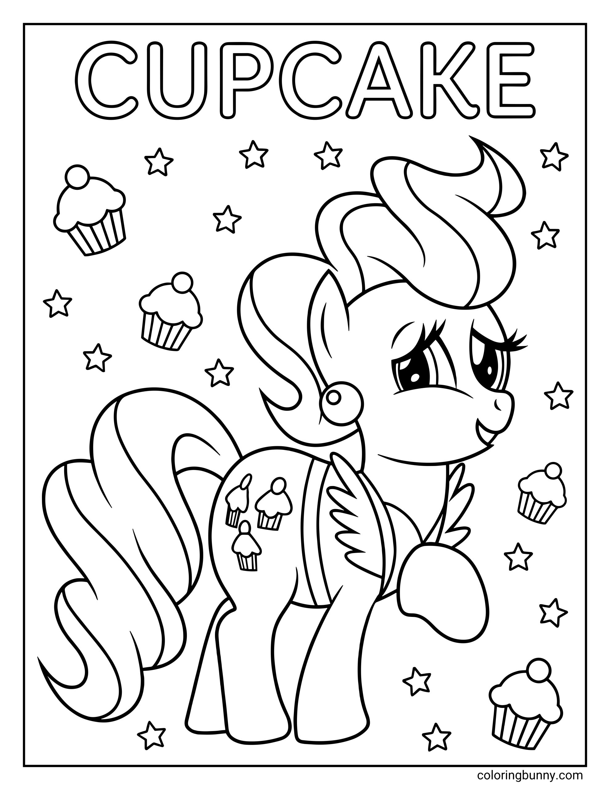 A cute My Little Pony coloring page of the pony Cup Cake wearing an apron, surrounded by floating cupcakes and stars.