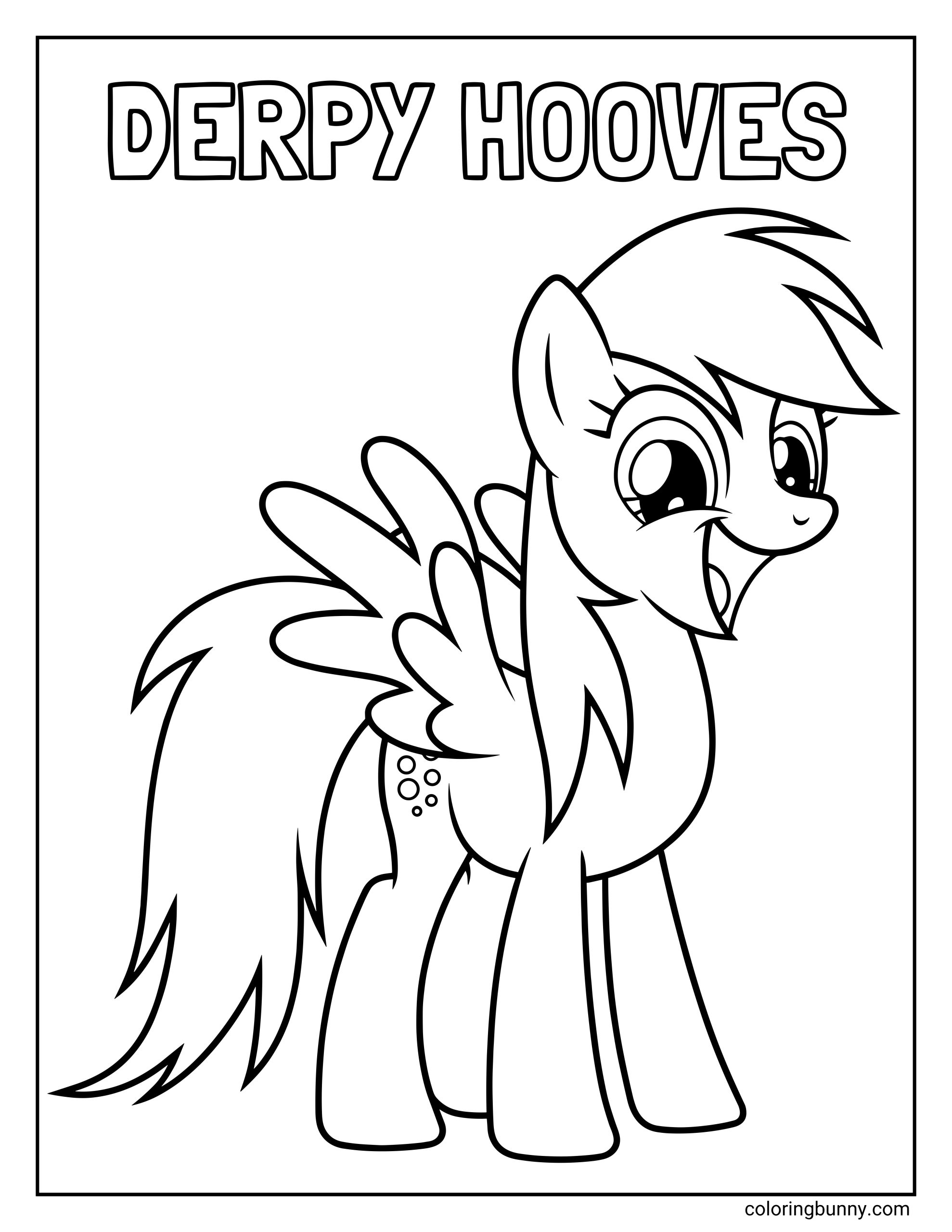 A cute coloring page of Derpy Hooves from My Little Pony smiling happily with her name written in large letters above her.