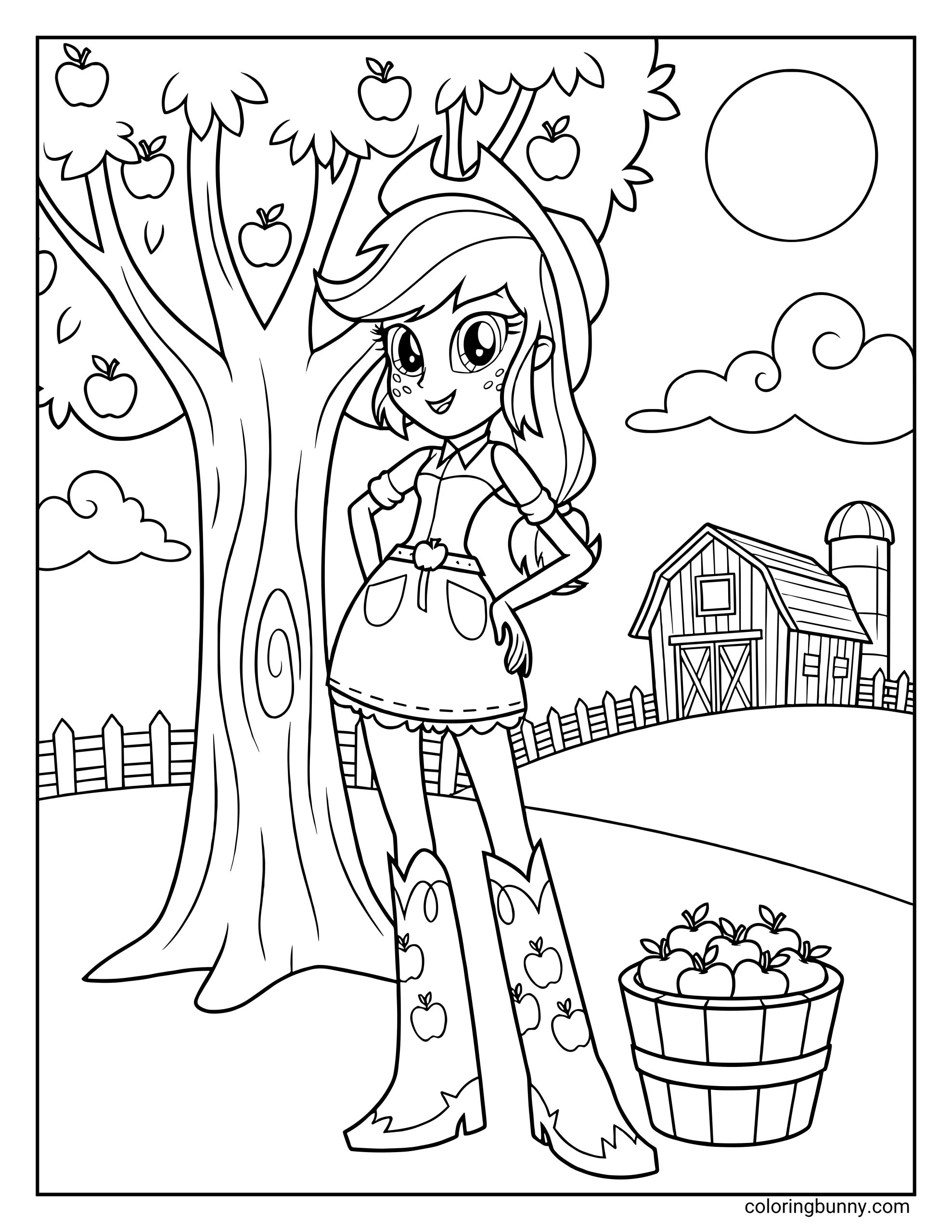My Little Pony Equestria Girls Applejack coloring page featuring Applejack standing confidently beside an apple tree on her farm with a barn, fence, clouds, and a basket of apples in the background.