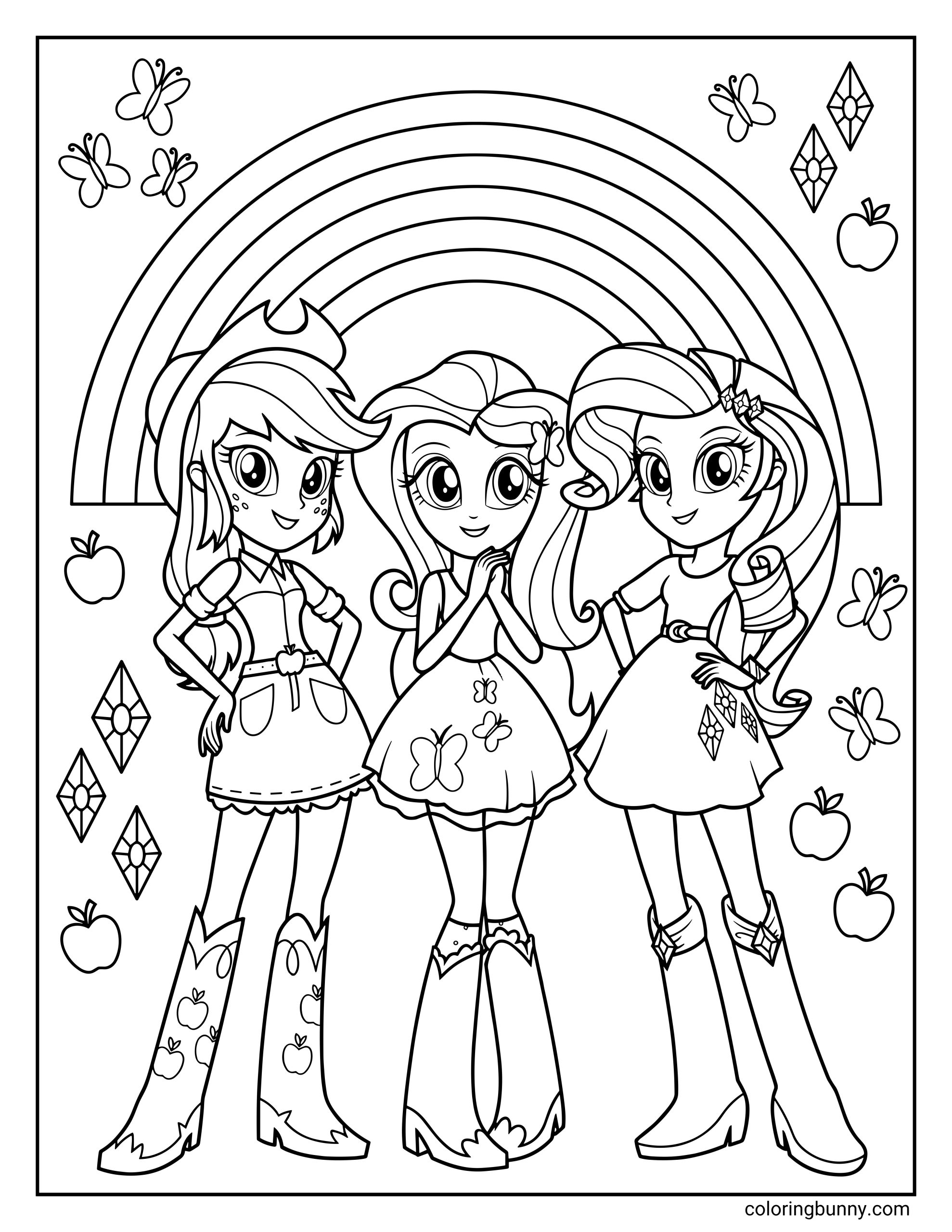 My Little Pony Equestria Girls coloring page featuring Fluttershy, Applejack, and Rarity standing together under a large rainbow surrounded by butterflies, apples, and diamonds in a cheerful group scene