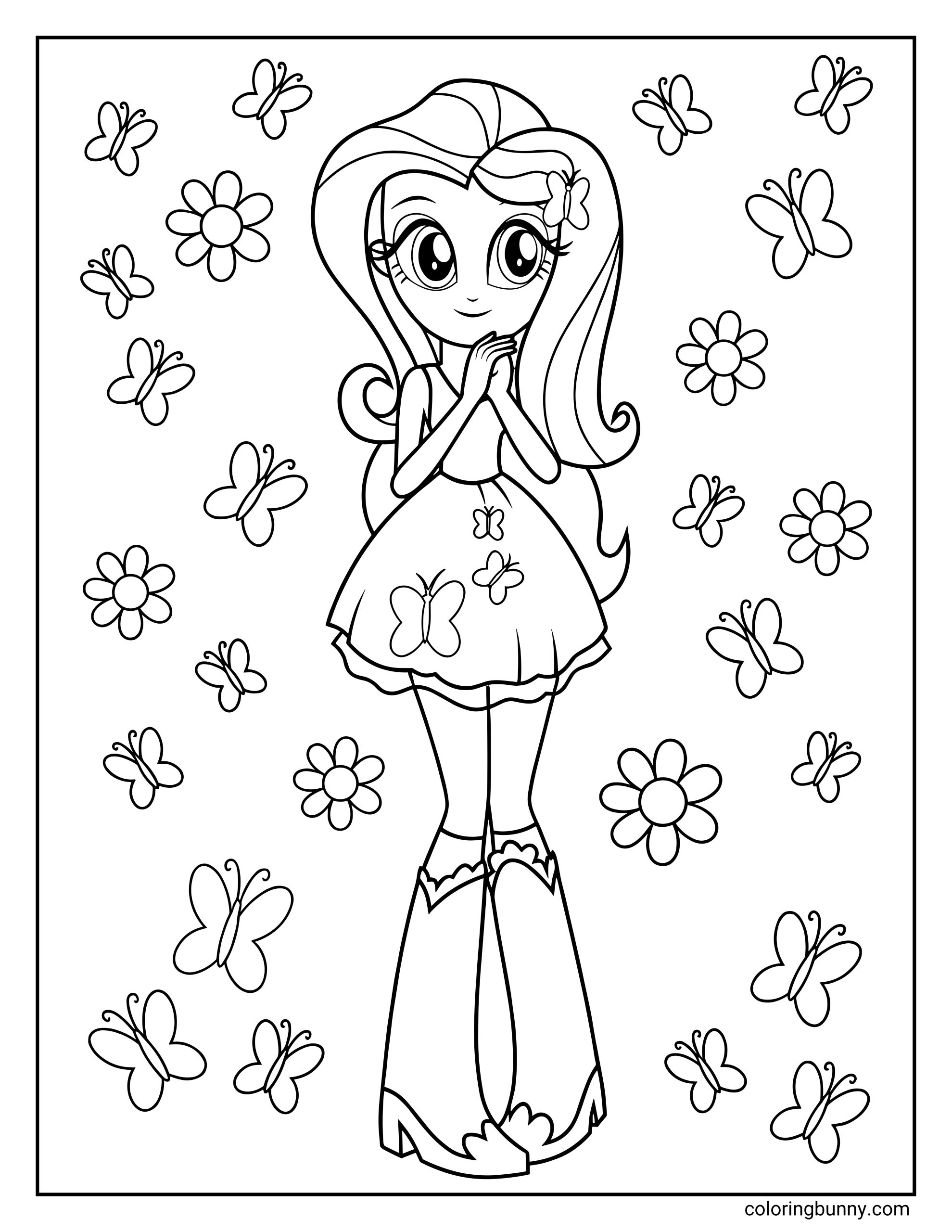 My Little Pony Equestria Girls Fluttershy coloring page featuring Fluttershy surrounded by butterflies and flowers, black and white printable line art for kids coloring