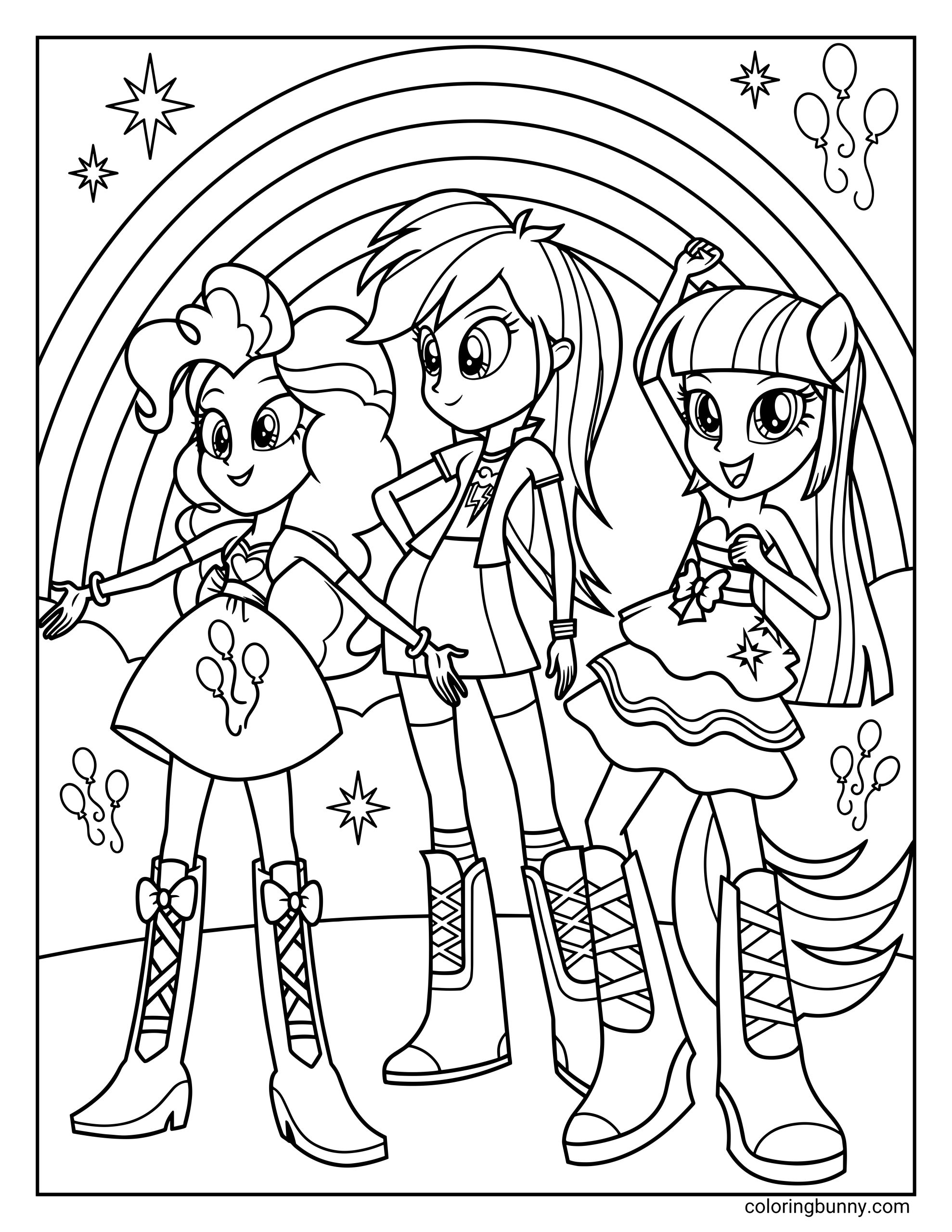 My Little Pony Equestria Girls coloring page featuring Pinkie Pie, Twilight Sparkle, and Rainbow Dash standing together under a large rainbow with stars and balloons, smiling in a cheerful group scene.