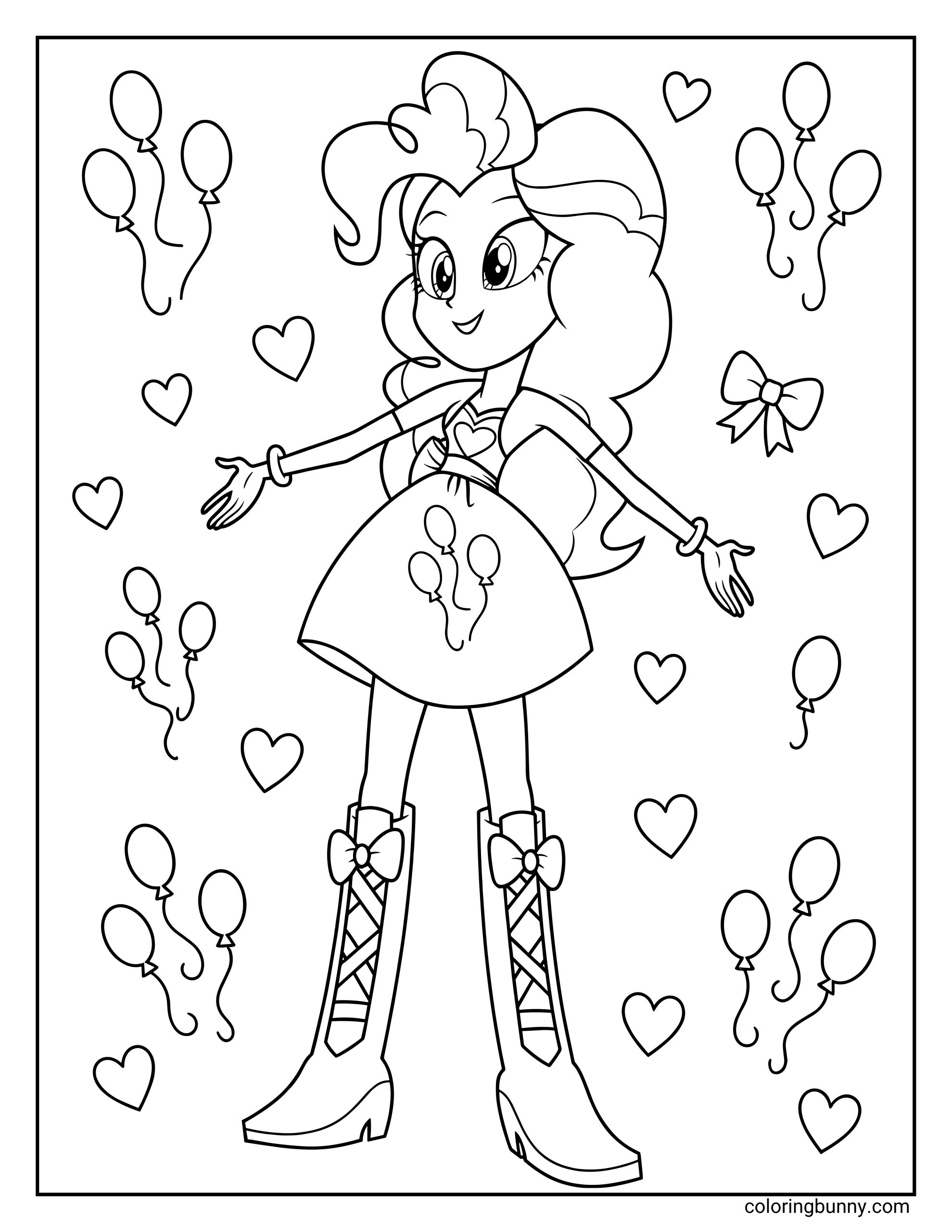 My Little Pony Equestria Girls Pinkie Pie coloring page featuring Pinkie Pie smiling with balloons and hearts, black and white printable line art for kids coloring