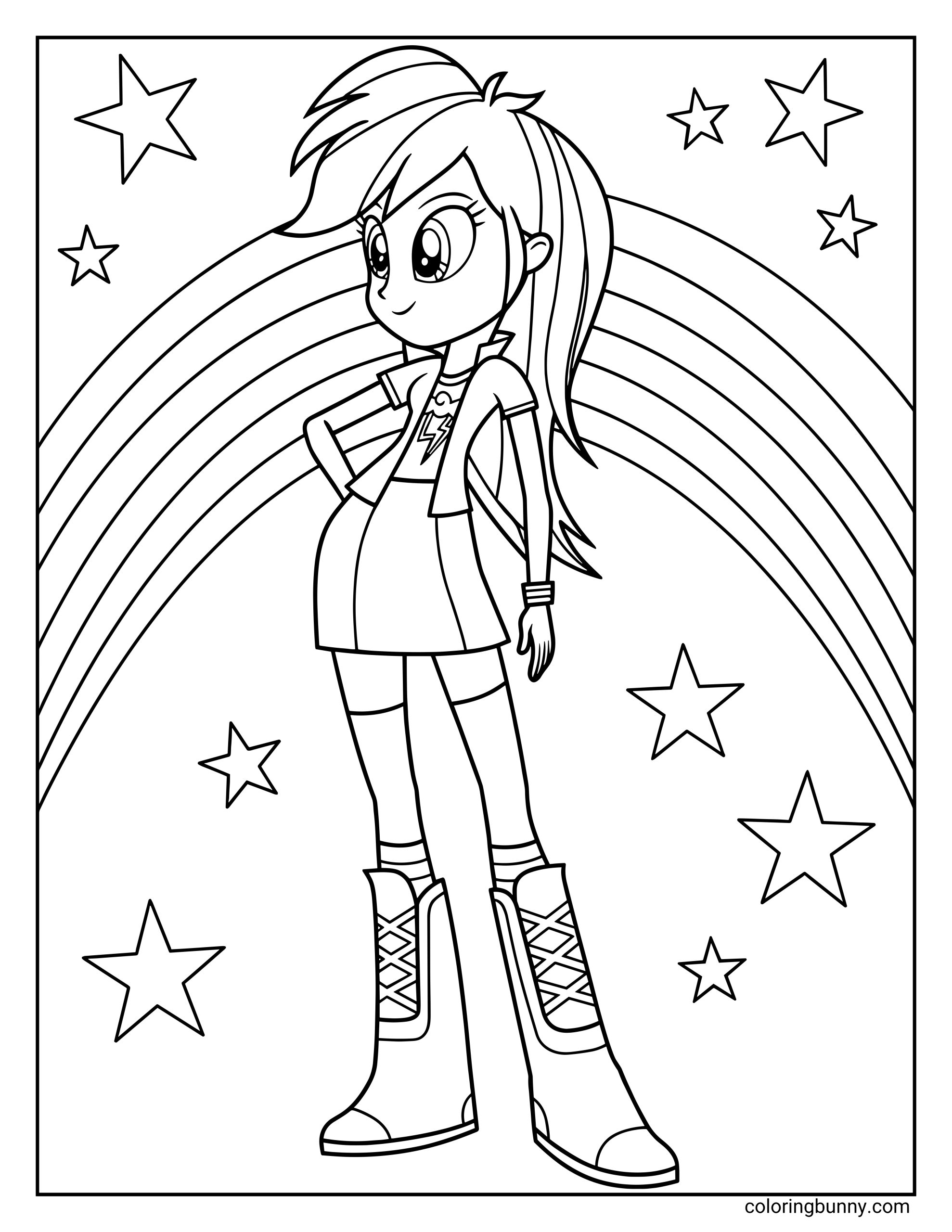 My Little Pony Equestria Girls Rainbow Dash coloring page featuring Rainbow Dash standing confidently with rainbow and star background, black and white printable line art for kids coloring