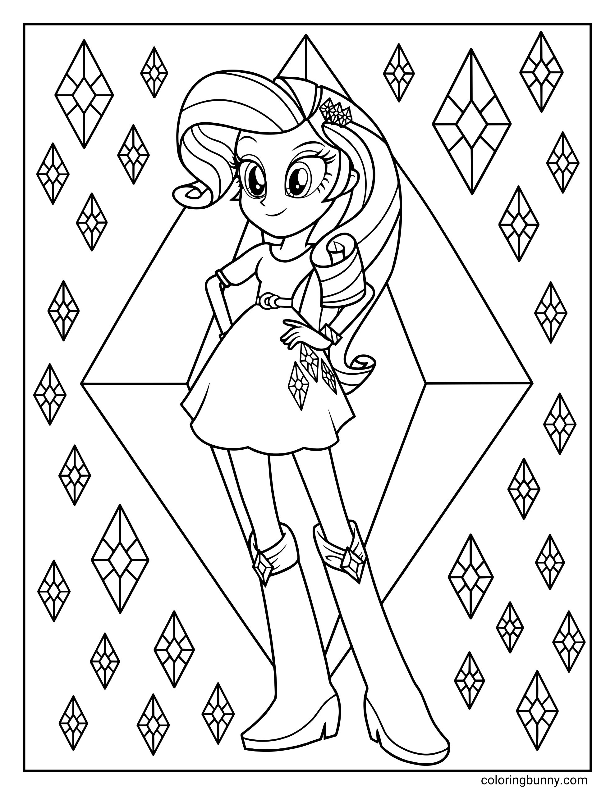 My Little Pony Equestria Girls Rarity coloring page featuring Rarity posing confidently with diamond background, black and white printable line art for kids coloring