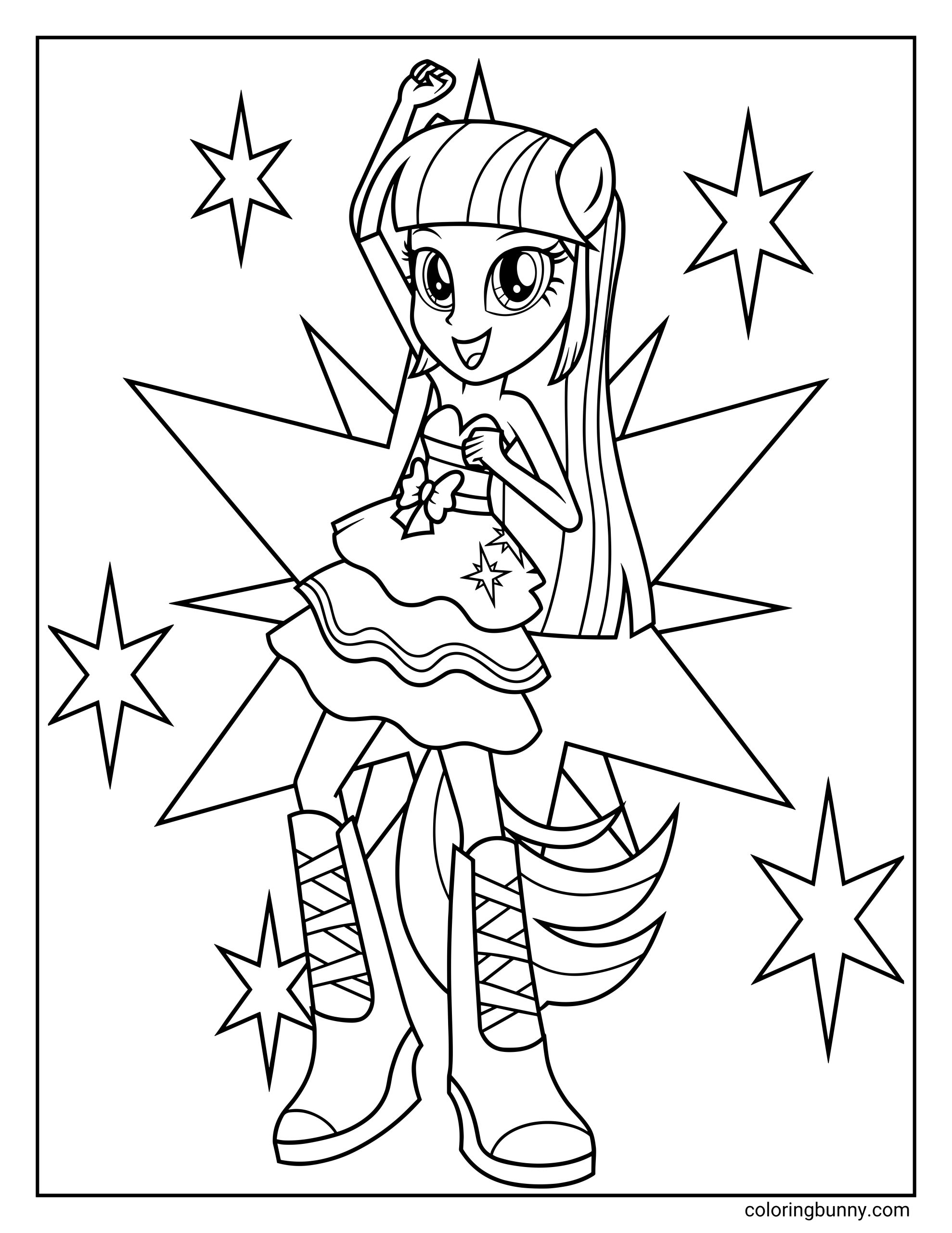 My Little Pony Equestria Girls Twilight Sparkle coloring page featuring Twilight Sparkle in a confident pose with star background, black and white printable line art for kids coloring