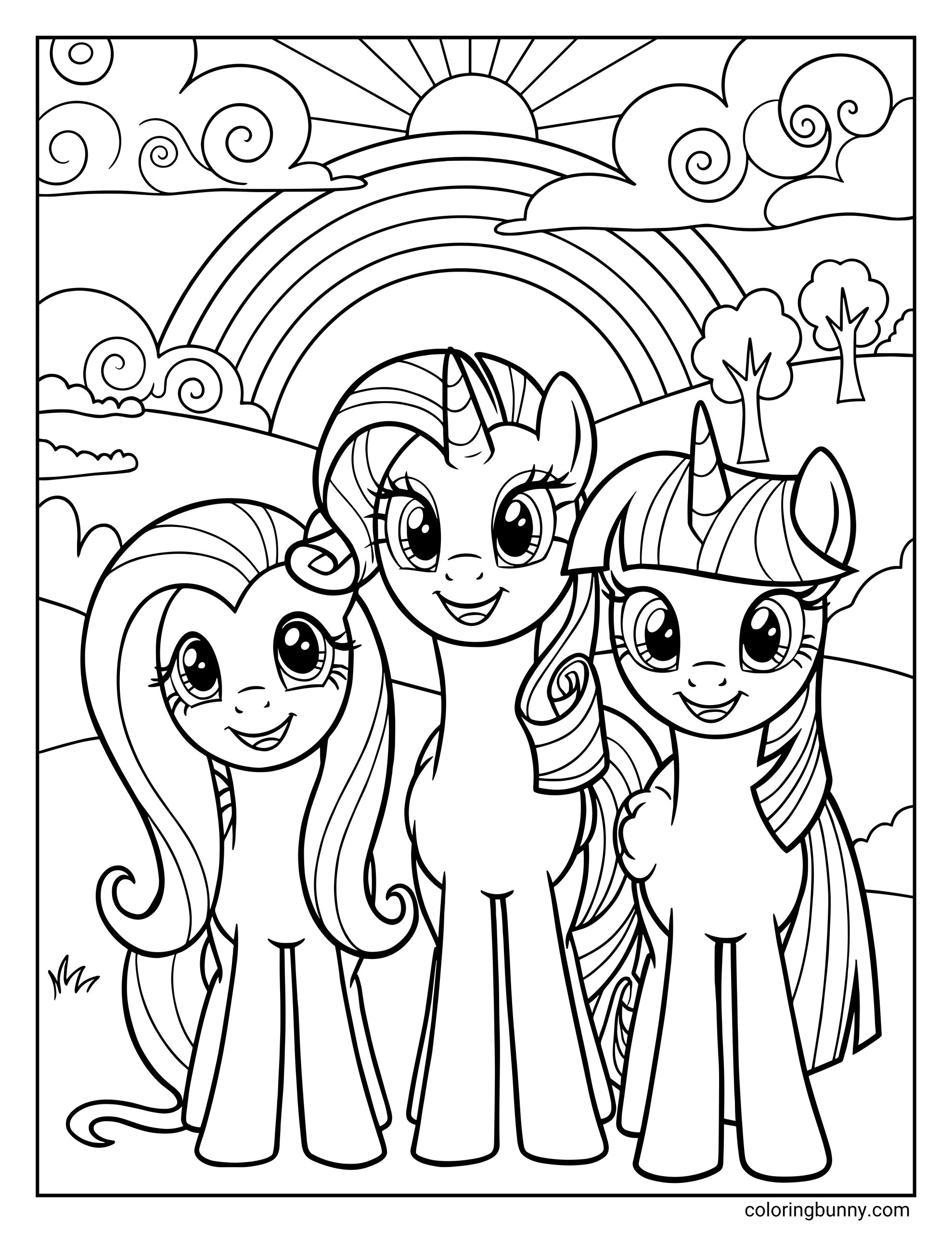 My Little Pony Fluttershy, Rarity, and Twilight coloring page standing together in a scenic meadow. The Pegasus, Unicorn, and Alicorn smile side-by-side under a radiant sun and large rainbow arch, backed by rolling hills and trees.