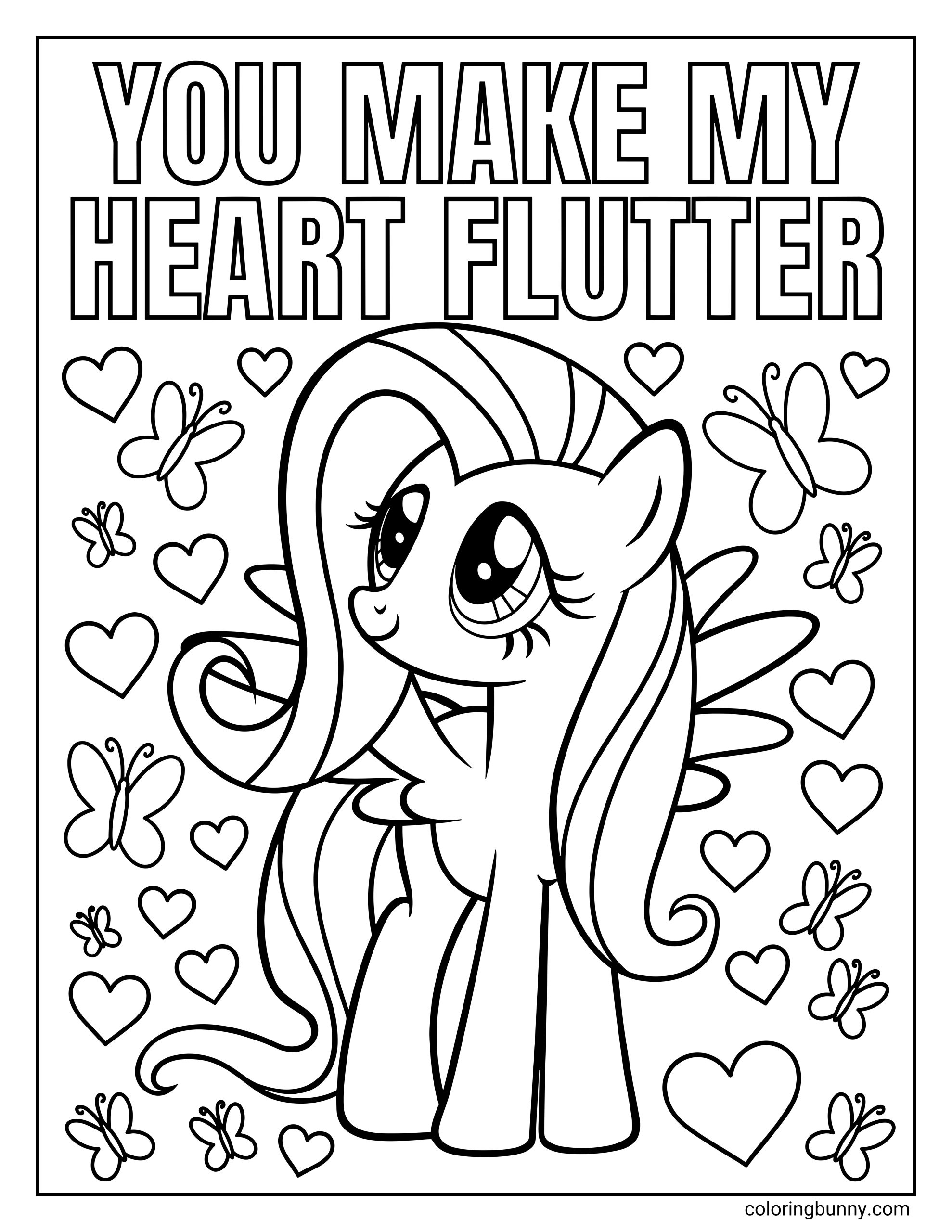 A My Little Pony coloring page of Fluttershy with a Valentine's theme as the gentle Pegasus stands amidst floating hearts and butterflies under the large text "YOU MAKE MY HEART FLUTTER."