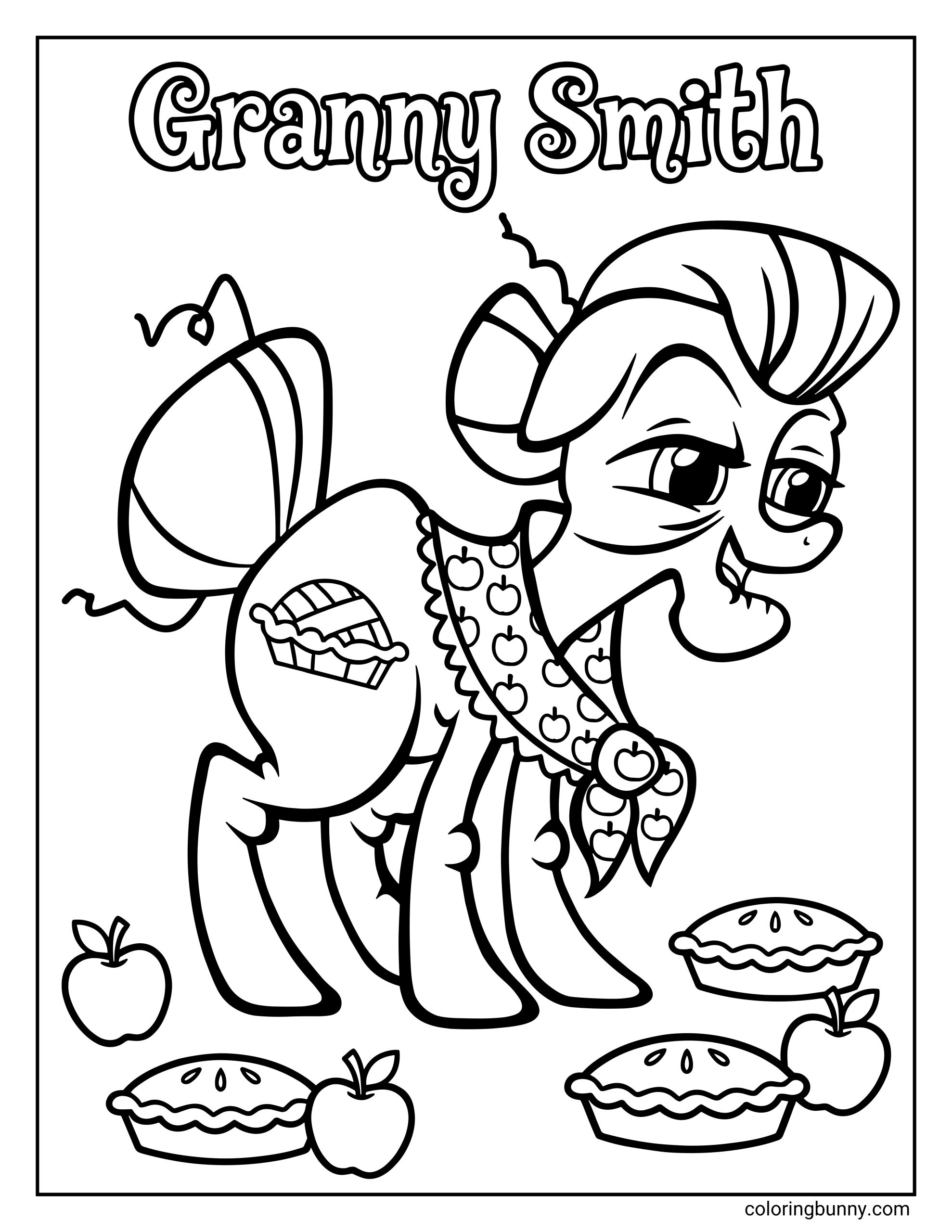 A My Little Pony coloring page of Granny Smith wearing a patterned shawl, standing surrounded by fresh apples and baked pies.