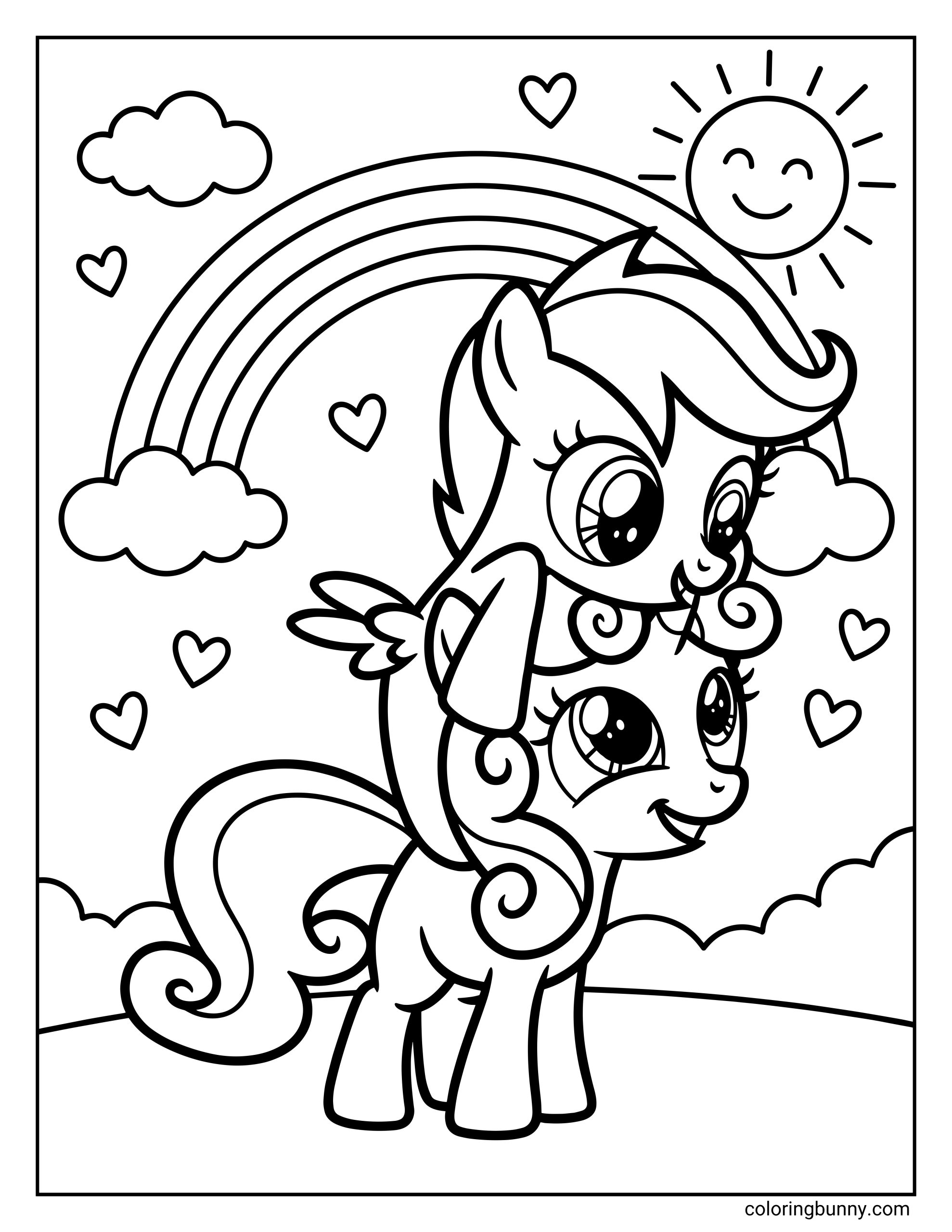 My Little Pony Sweetie Belle and Scootaloo coloring page playing piggyback. A friendship-themed activity showing the two Cutie Mark Crusaders having fun under a large rainbow.