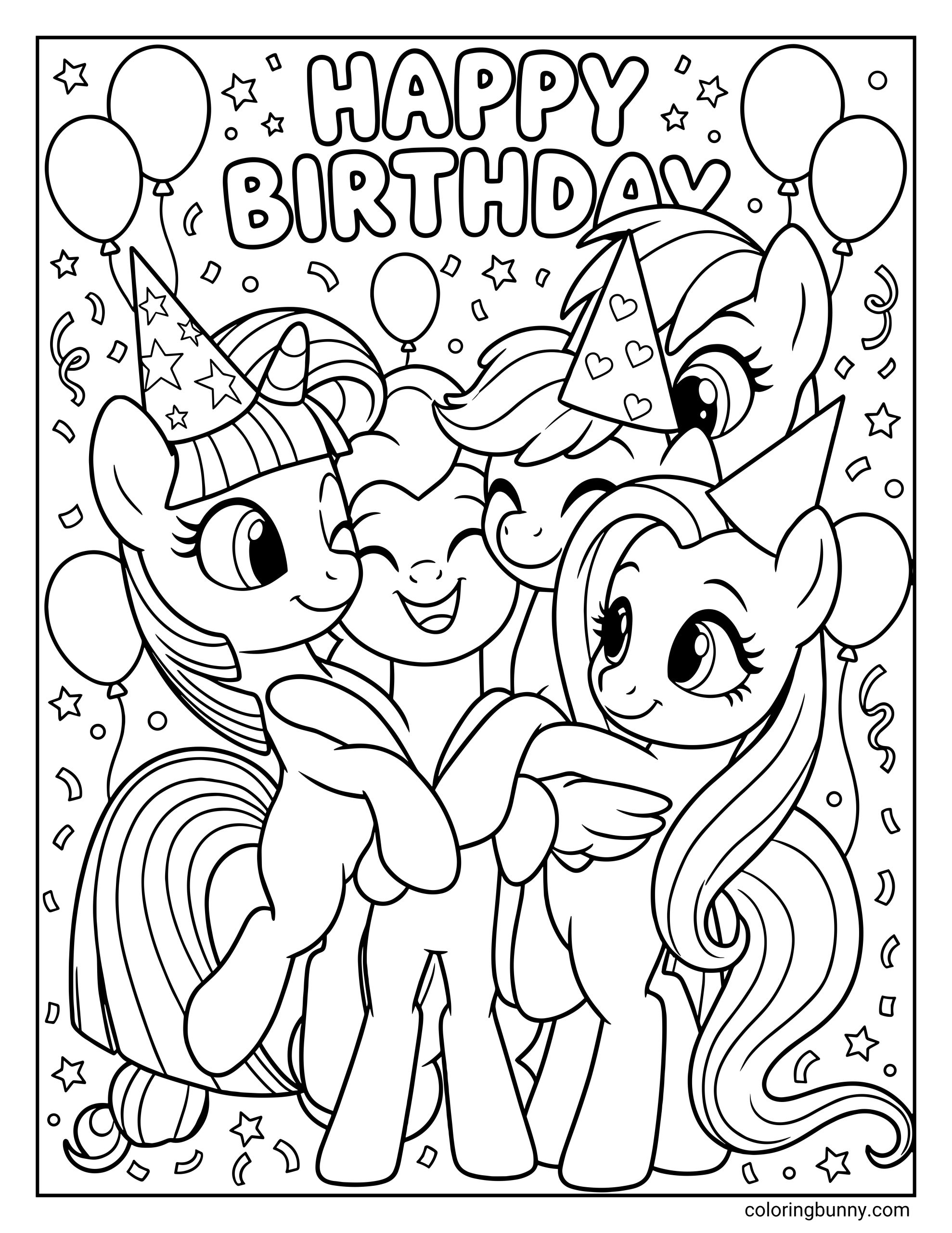 My Little Pony Happy Birthday coloring page featuring three smiling ponies wearing party hats surrounded by balloons, stars, and confetti, celebrating together in a festive scene, black and white printable line art for kids coloring