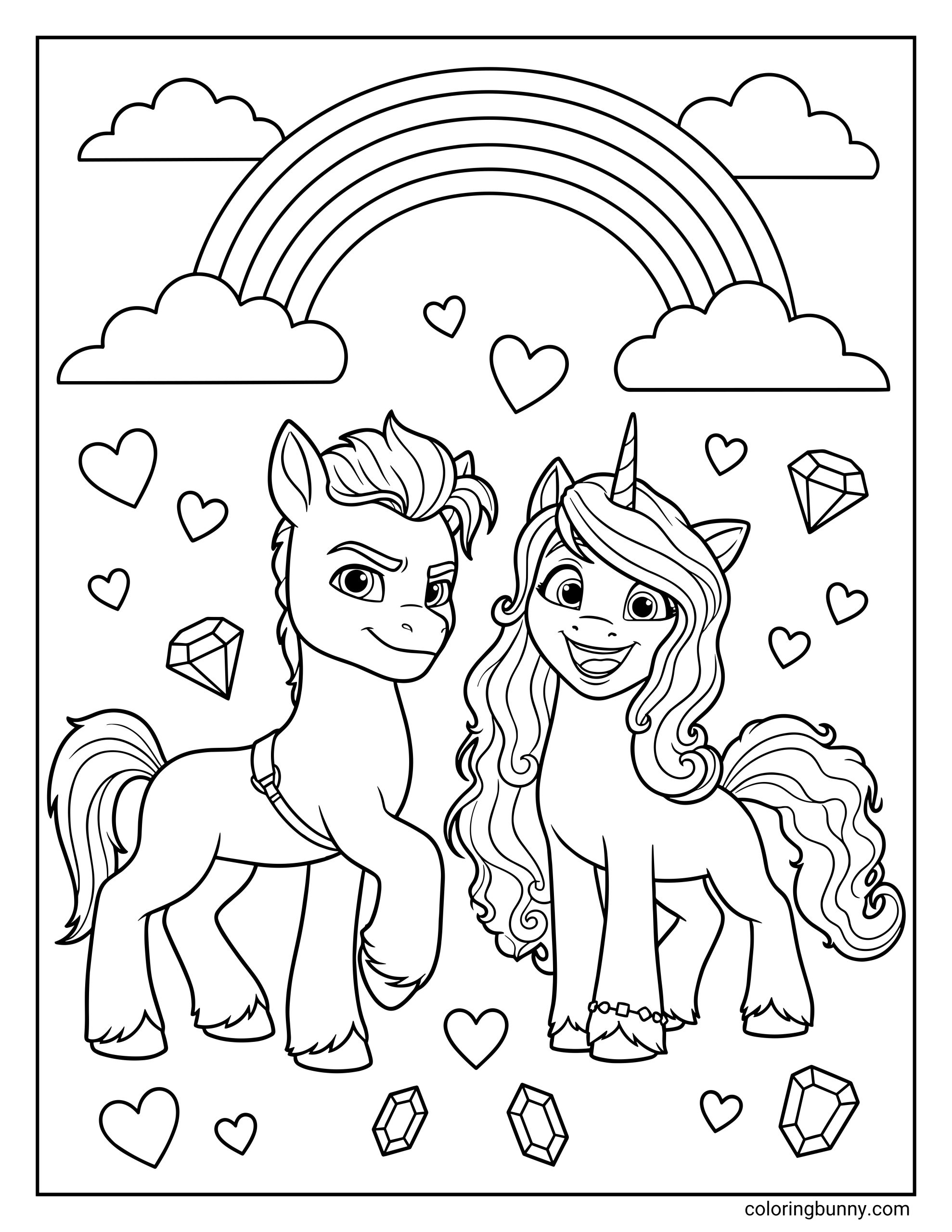 My Little Pony Hitch and Izzy coloring page standing together surrounded by floating gems. The Earth Pony Sheriff looks confident next to the happy Unicorn under a rainbow and scattered hearts.