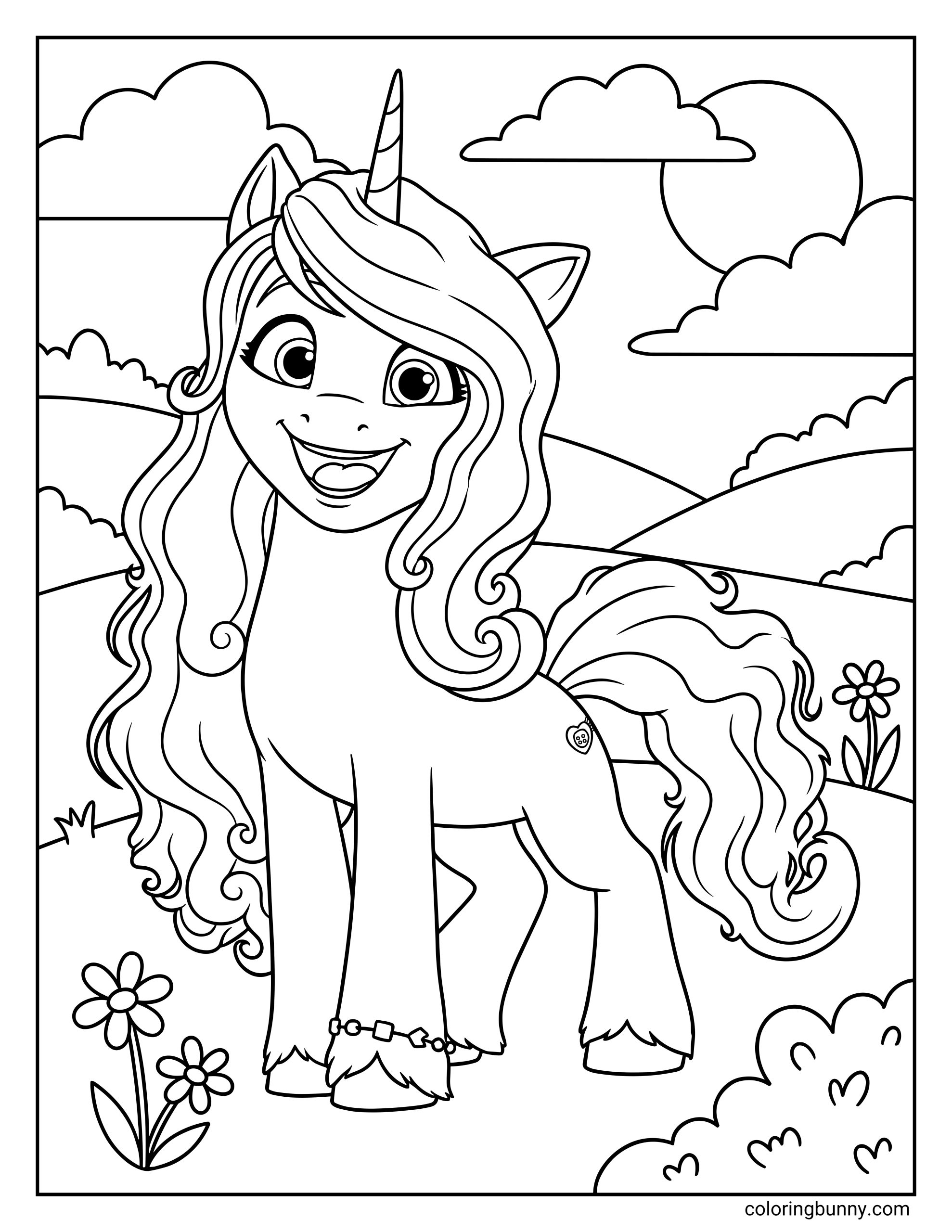 My Little Pony Izzy Moonbow coloring page featuring the energetic Gen 5 unicorn standing in a flowery field. This high-quality character illustration details her flowing mane, signature hoof bracelet, and button cutie mark against a background of rolling hills and clouds.