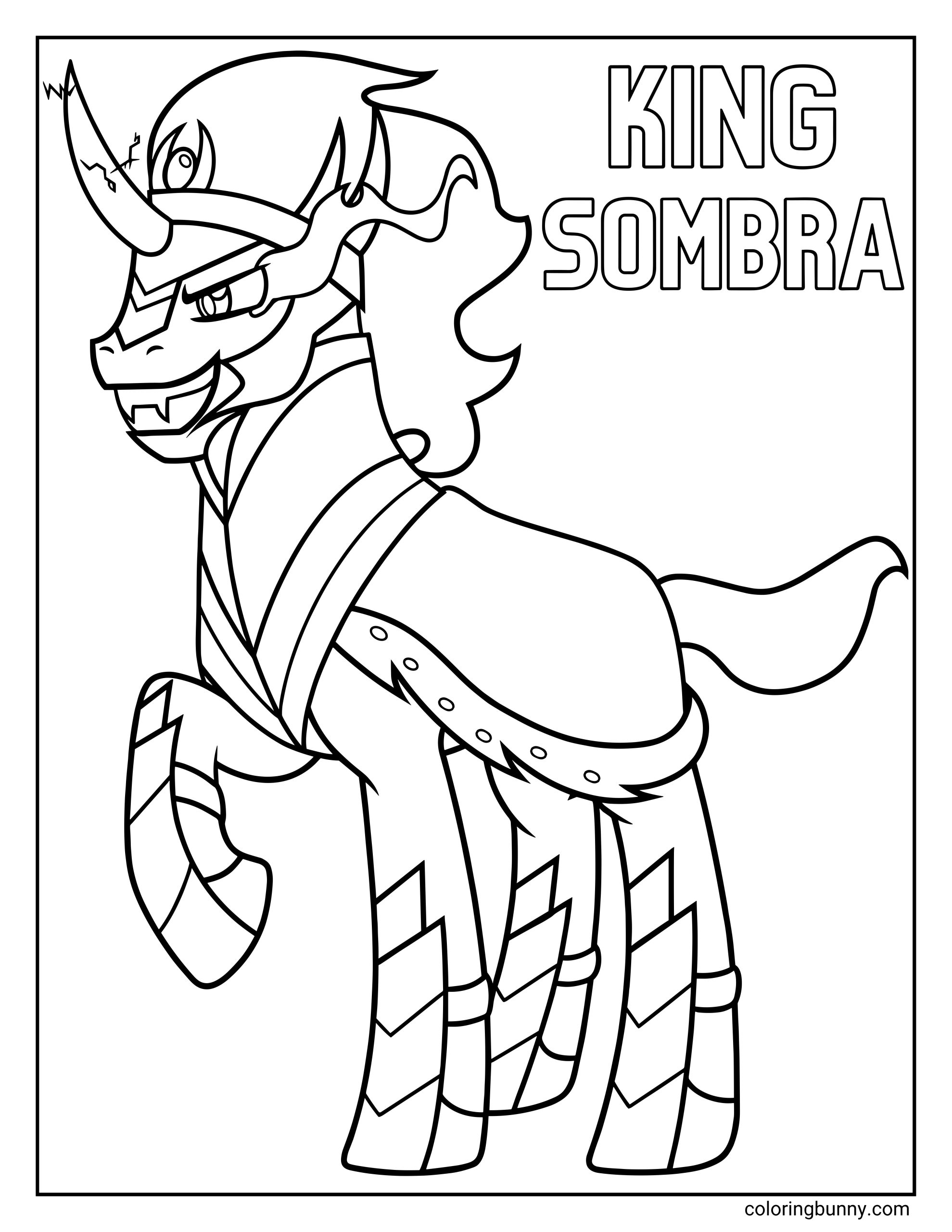 A My Little Pony coloring page of the villainous unicorn King Sombra wearing armor and a cape, with his name written in large letters.
