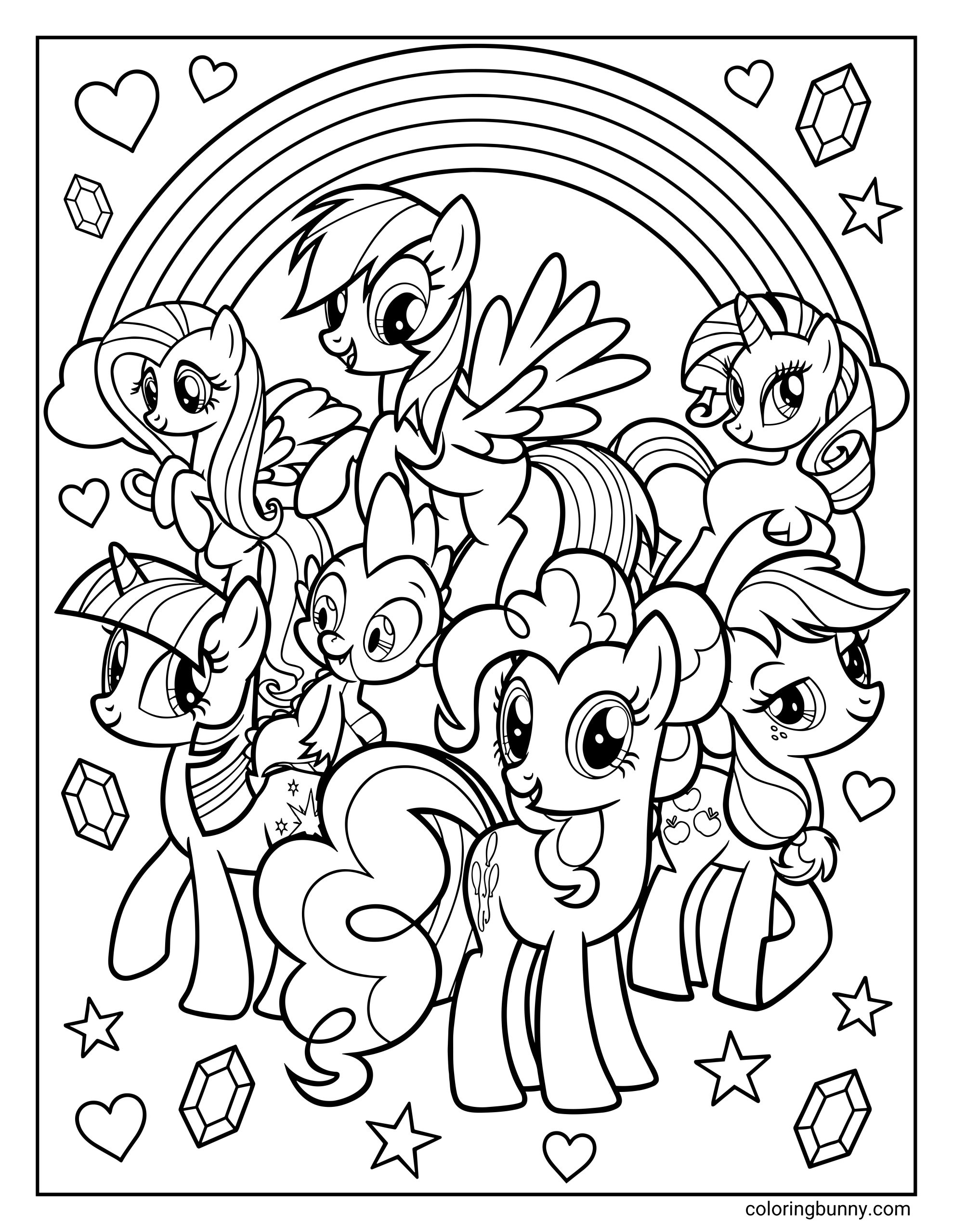 A coloring page of The main six and Spike from My Little Pony with Twilight Sparkle, Rainbow Dash, Pinkie Pie, Rarity, Applejack, Fluttershy, and Spike grouped together under a rainbow with floating hearts and gems.