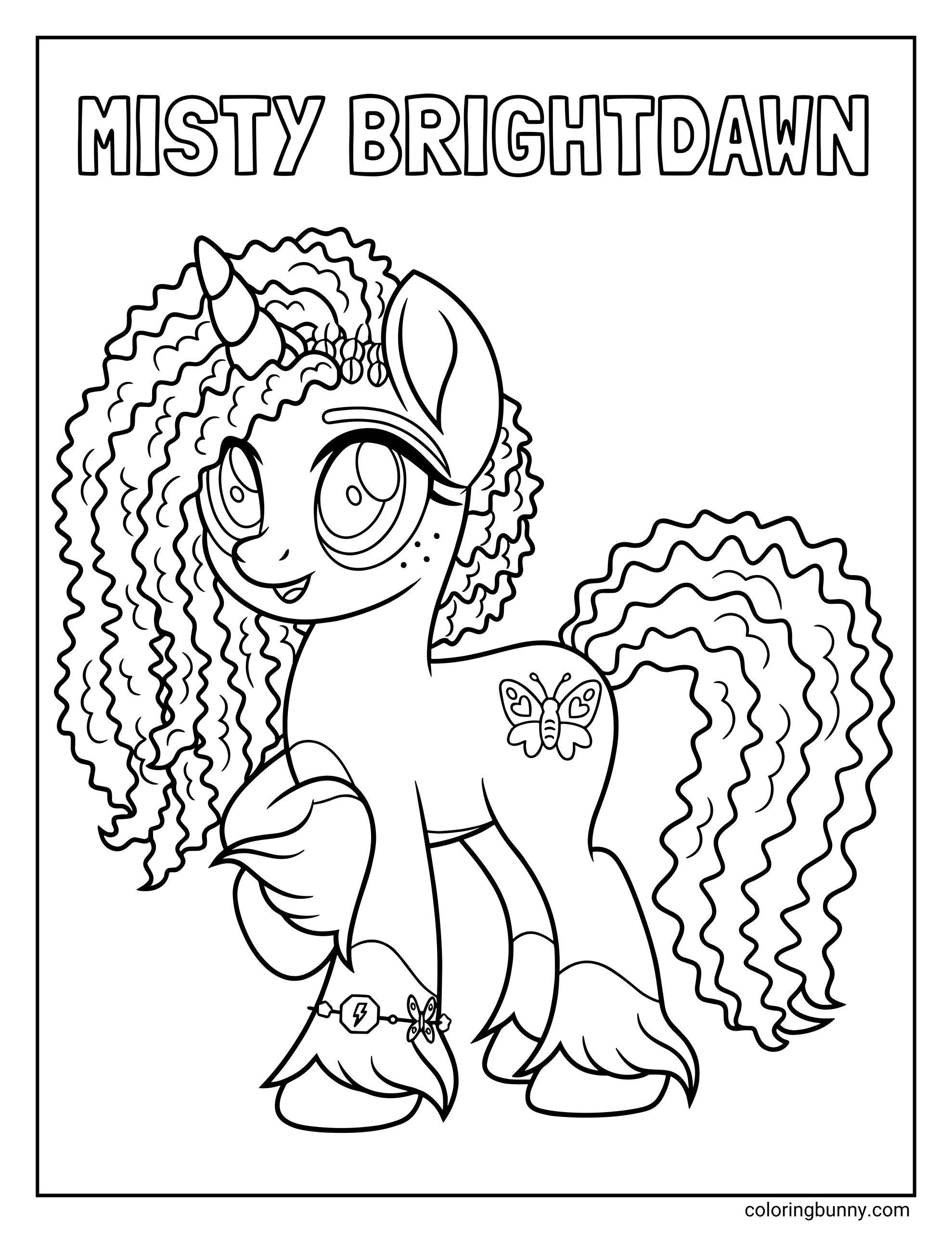 My Little Pony Misty Brightdawn coloring page featuring the curly-haired unicorn standing with a gentle smile. The image displays Misty with her butterfly cutie mark, hoof bracelet, and voluminous mane under the text "MISTY BRIGHTDAWN."