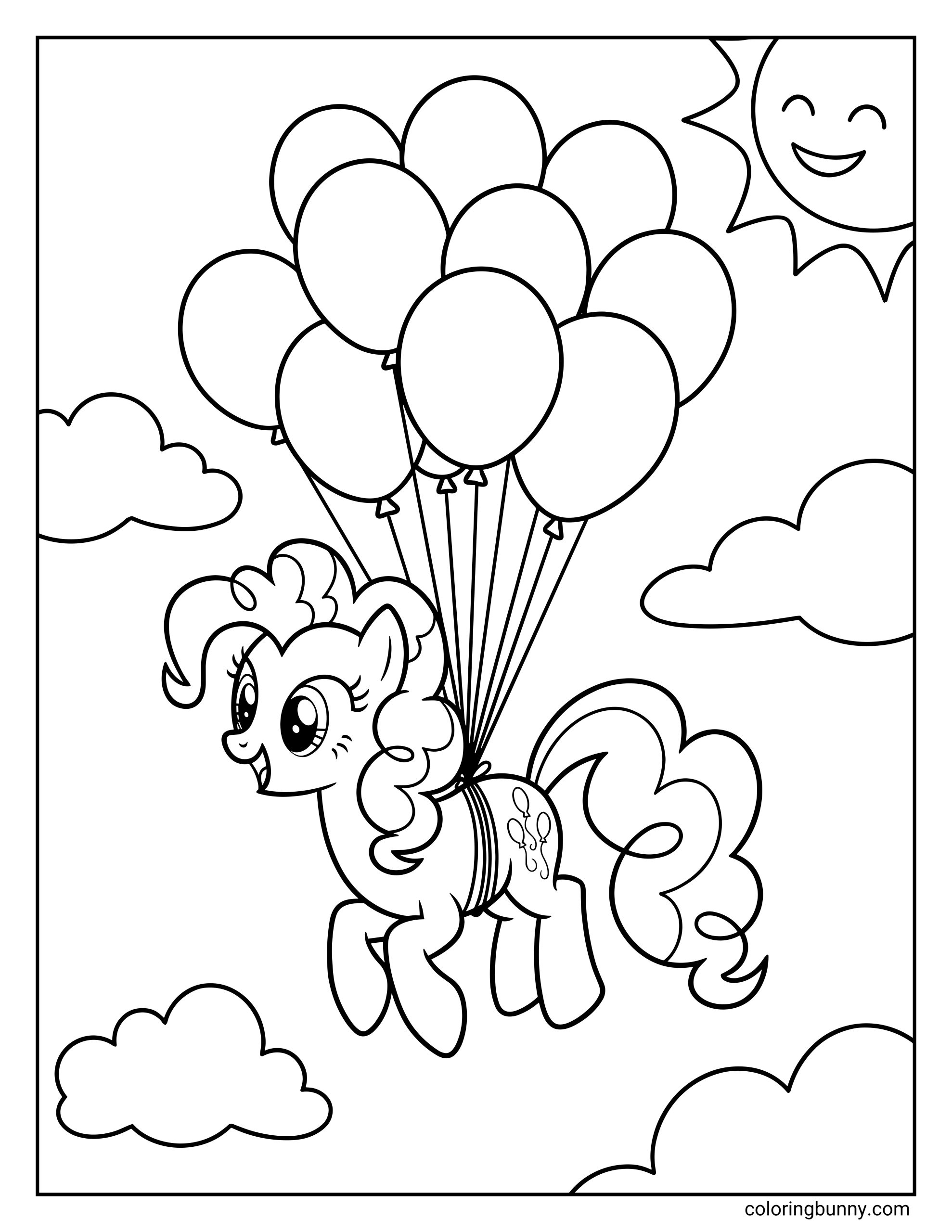 My Little Pony Pinkie Pie coloring page showing Pinkie Pie floating through the sky with a bundle of balloons among fluffy clouds and a smiling sun, black and white printable line art for kids coloring